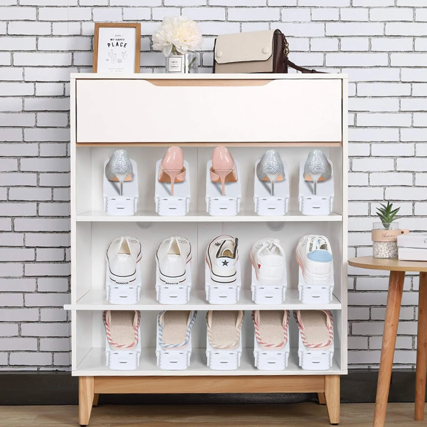 YUENFONG Regulowane regały na buty, 10 sztuk, regulowany uchwyt na buty, 3 regulowane wysokości antypoślizgowe tworzywo sztuczne, stojak na buty do szafy, regał, kolor biały