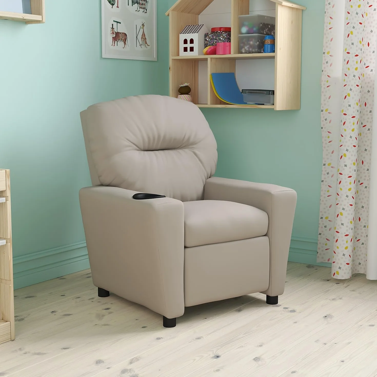 Flash Furniture Współczesny leżak dziecięcy z uchwytem na kubki, drewno, beżowy winyl, 66,04 x 53,34 x 53,34 cm