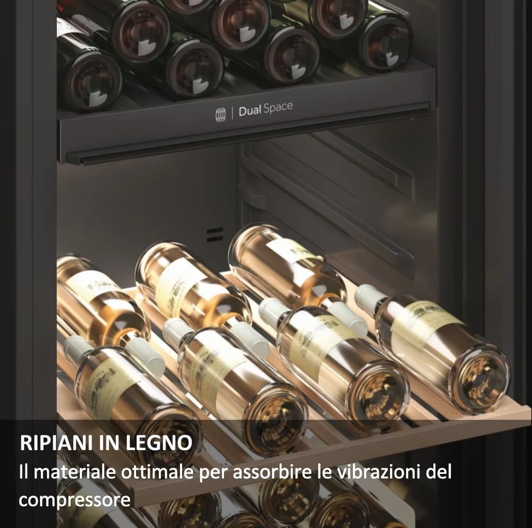 Haier HWS49GA Stojak na wino 49 butelek App hOn szkło anty-UV drewniane półki LED klasa F 49,7x58,5x82 cm czarny
