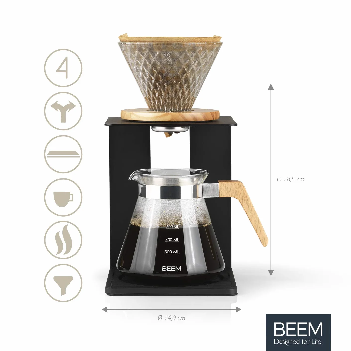 BEEM POUR OVER zestaw zaparzaczy do kawy na 4 filiżanki | w zestawie szklany filtr ręczny i szklany dzbanek z pokrywką | do ręcznego parzenia kawy w tradycyjny sposób | eleganckie i nowoczesne