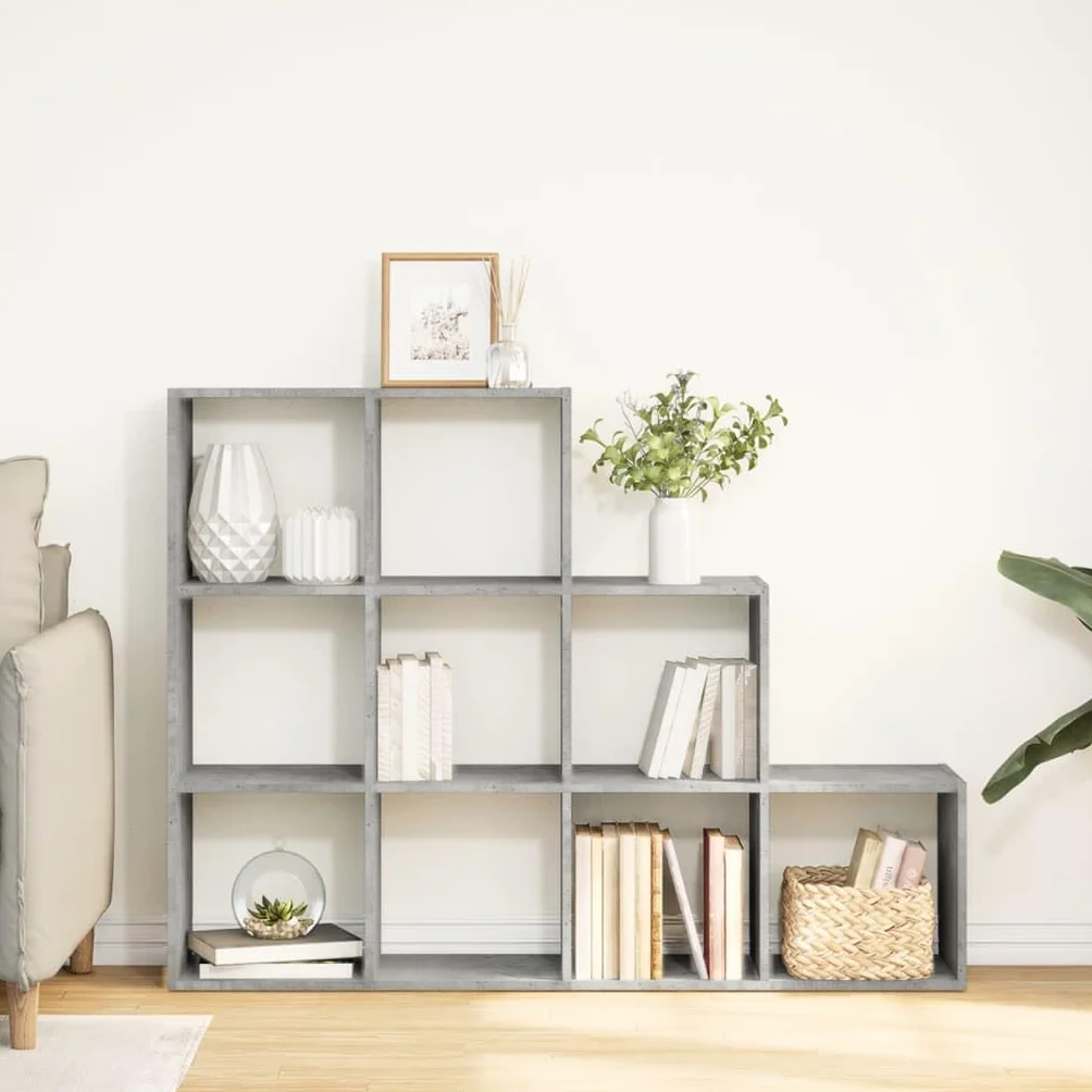 Regał na książki 3 stopnie szary betonowy 137,5 x 29 x 103,5 cm | 9 przegródek na kostkę, materiał drewnopochodny, łatwy w pielęgnacji, może służyć jako ścianka działowa