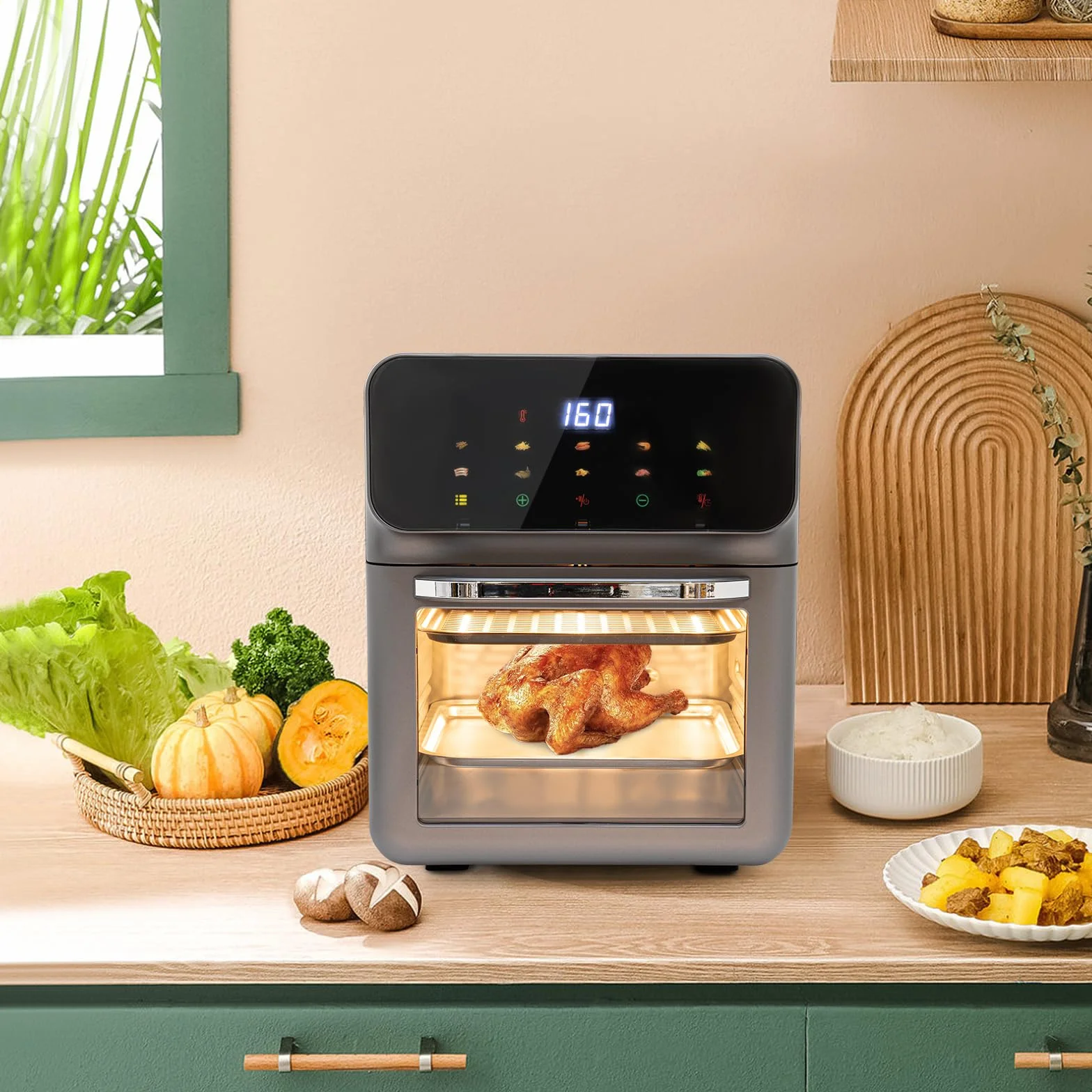 Mini piekarnik 13 l, piec do pizzy z termoobiegiem 3 w 1, piekarnik elektryczny do pieczenia i grillowania, z 2 blachami do pieczenia i 50 pojemnikami na ciasto, grzałka górna/dolna,