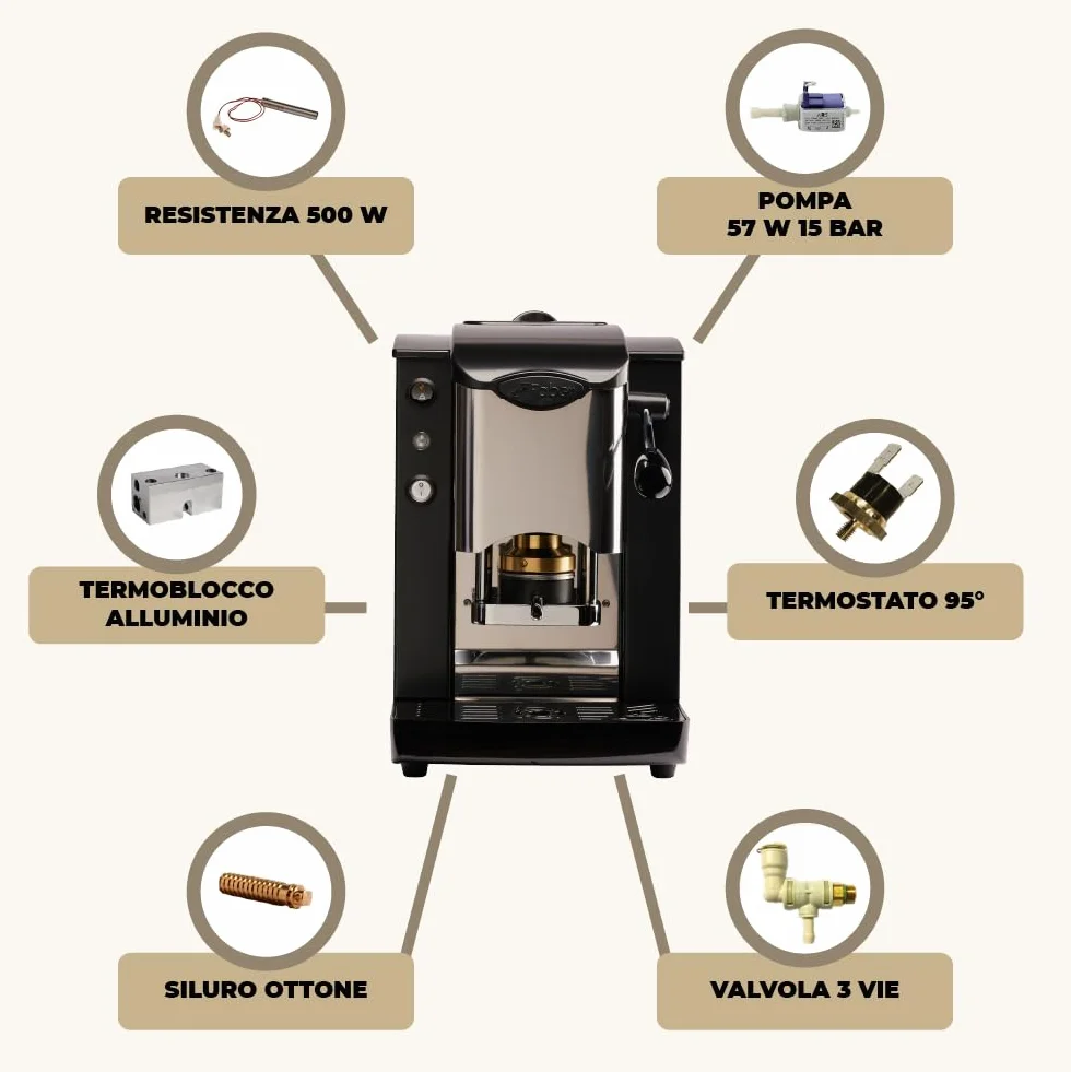 FABER COFFEE MACHINES | Model z wbudowanym gniazdem ze stali nierdzewnej | Ekspres do kawy 44 mm | Kolor czarny z tworzywa sztucznego Burgundowy | Mosiężna prasa do kapsułek (czarny/czarny)