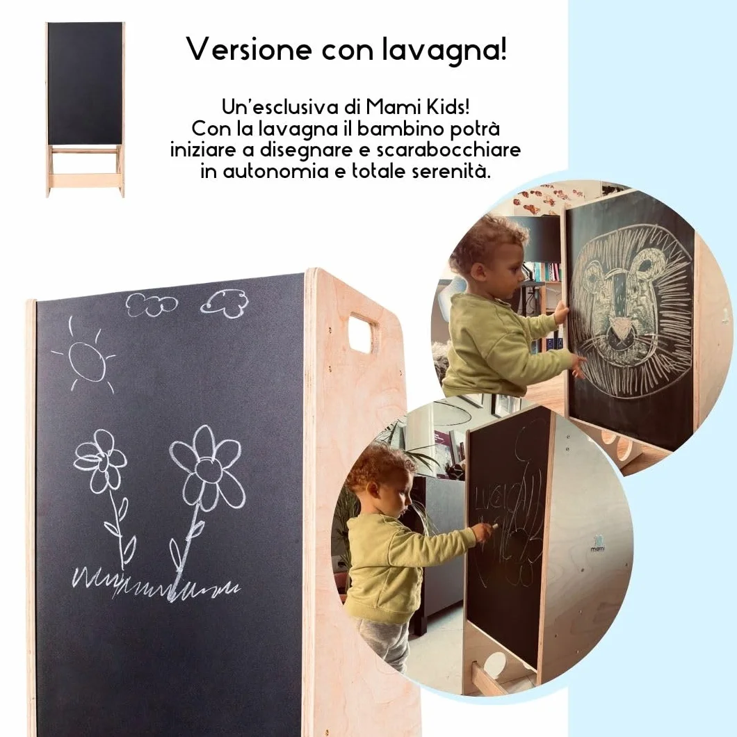 mamikids Learning Tower wieża Montessorian z naturalnego drewna z tablicą dla dzieci w wieku 2-6 lat, wieża Montessorian Learning Learning, możliwość przekształcenia w drabinę, stół, stołek dla