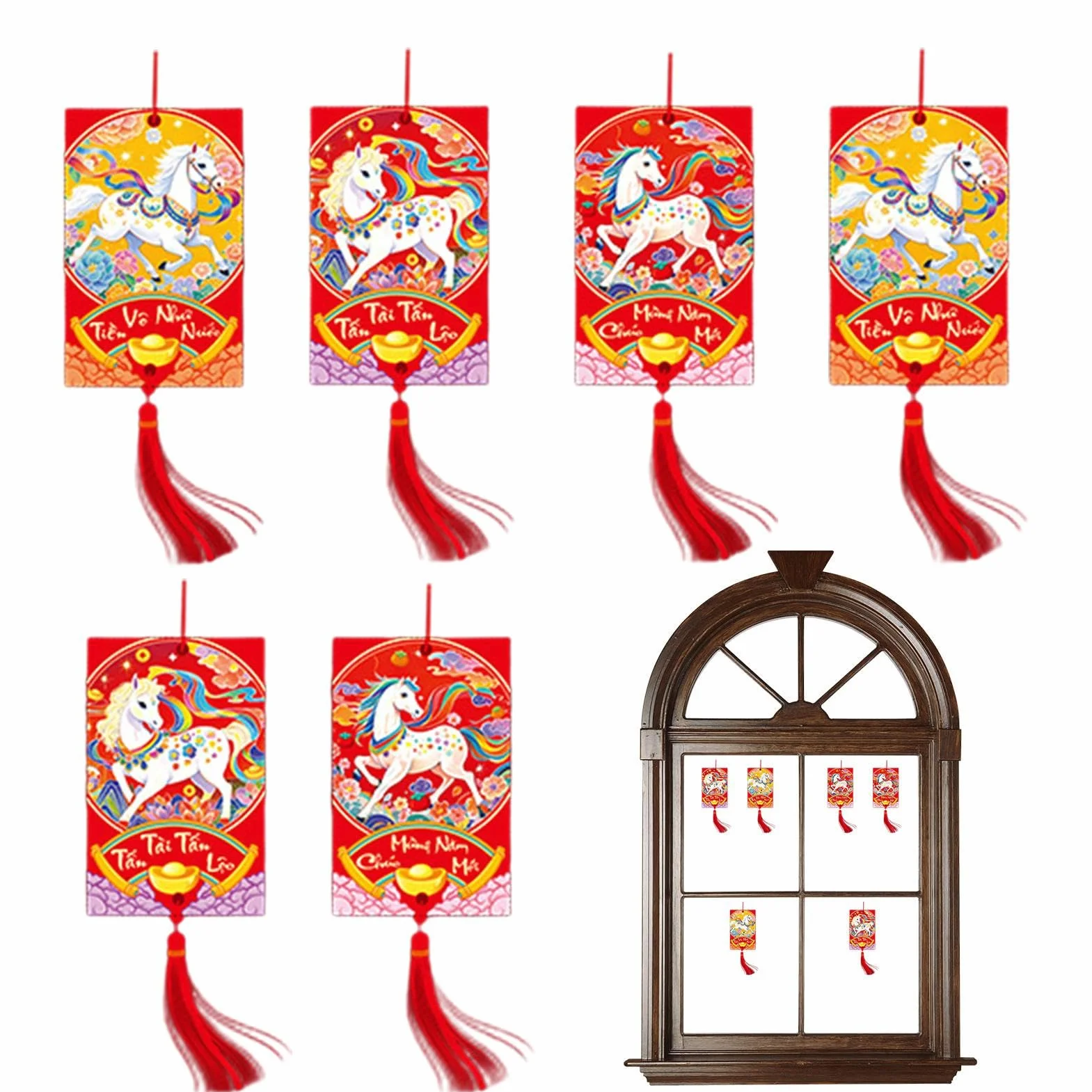 Chinese New Year Decorations,6-Piece 2026 Vietnamese Good Luck | Lunar Horse Year Paper Charm Decorations | for Holiday Home Doorway Tree Wall Door Potted Plants Party Office