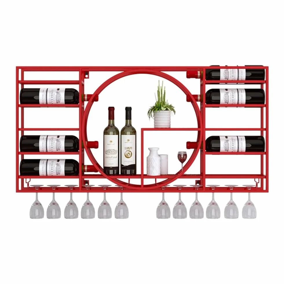 Metalowy stojak na wino montowany na ścianie do kuchni nowoczesna półka na butelki i szkło nizer z pływającymi półkami akcesoria barowe jednostka do przechowywania (kolor: Rosso Rozmiar: 110 x 10,9 x
