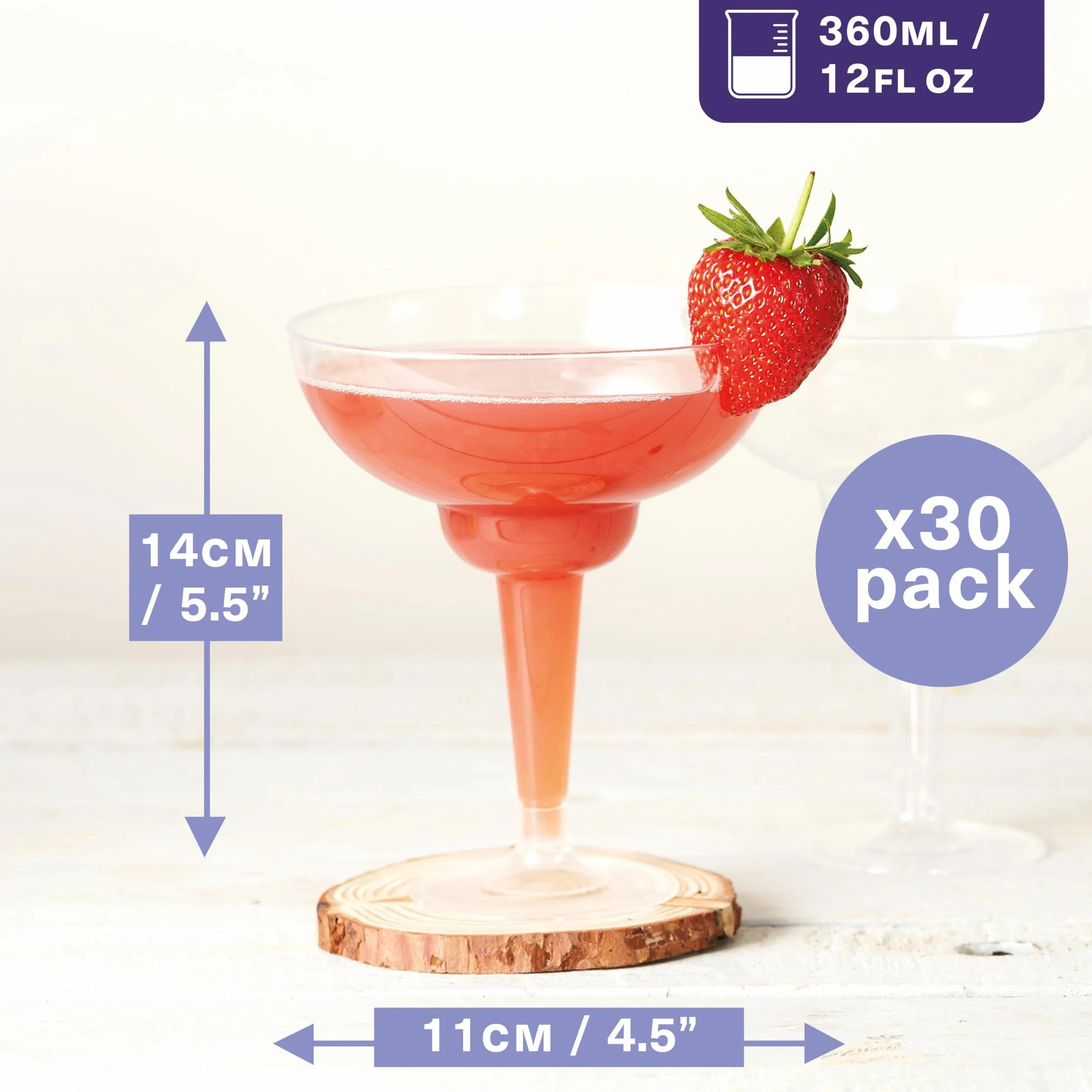 MATANA 30 plastikowych kieliszków do koktajli, z tworzywa sztucznego, 360 ml – plastikowe kubki wielokrotnego użytku – margarita, koktajle, kubki deserowe na imprezy, urodziny, wesela