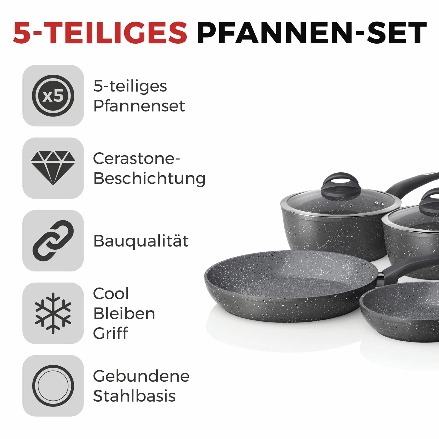 Tower Cerastone Kute 5 Kawałek Pan Set z Non-Kij Powłoka oraz Miękki Dotykać Uchwyty, 18/20/22 cm Rondelki oraz 20/28 cm Smażenie Patelnie, Grafit