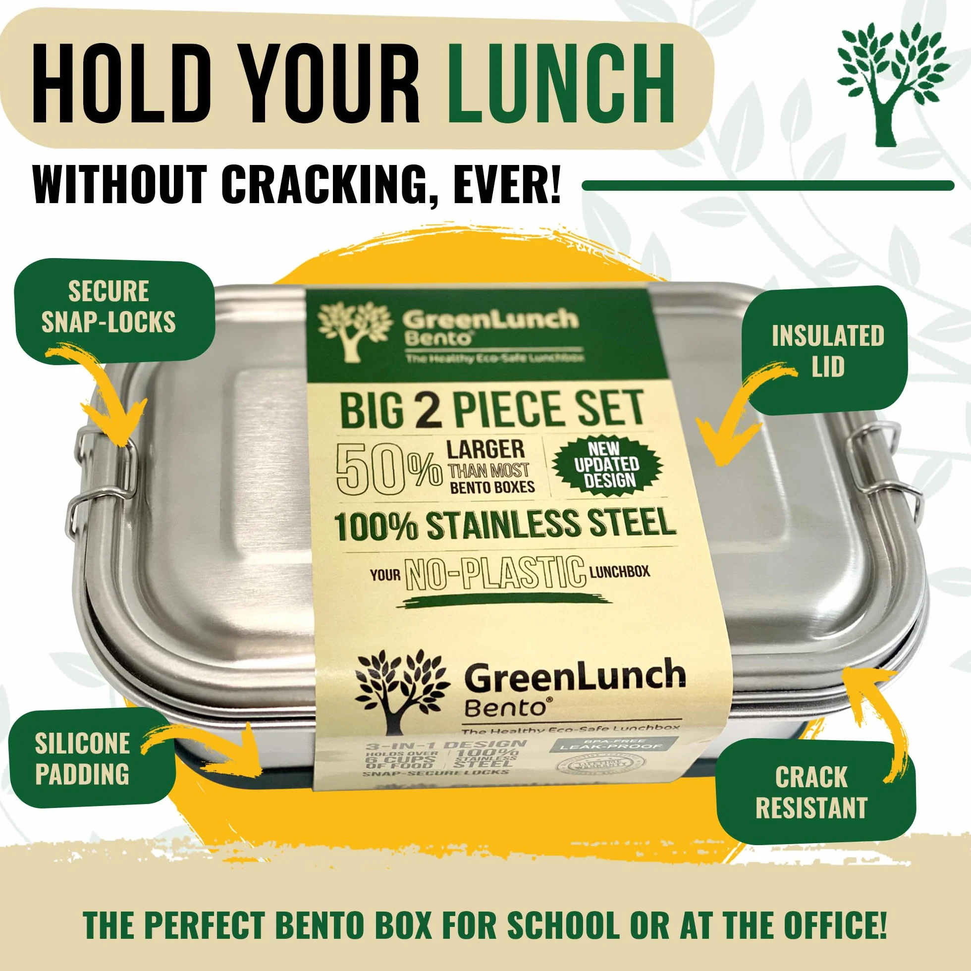 GreenLunch Bento Pudełko Bento ze stali nierdzewnej, bez BPA, z kapsułkami na przekąski, szczelne i odporne na pękanie, pojemnik na lunch dla dorosłych i dzieci, z zatrzaskami, idealne do szkoły i