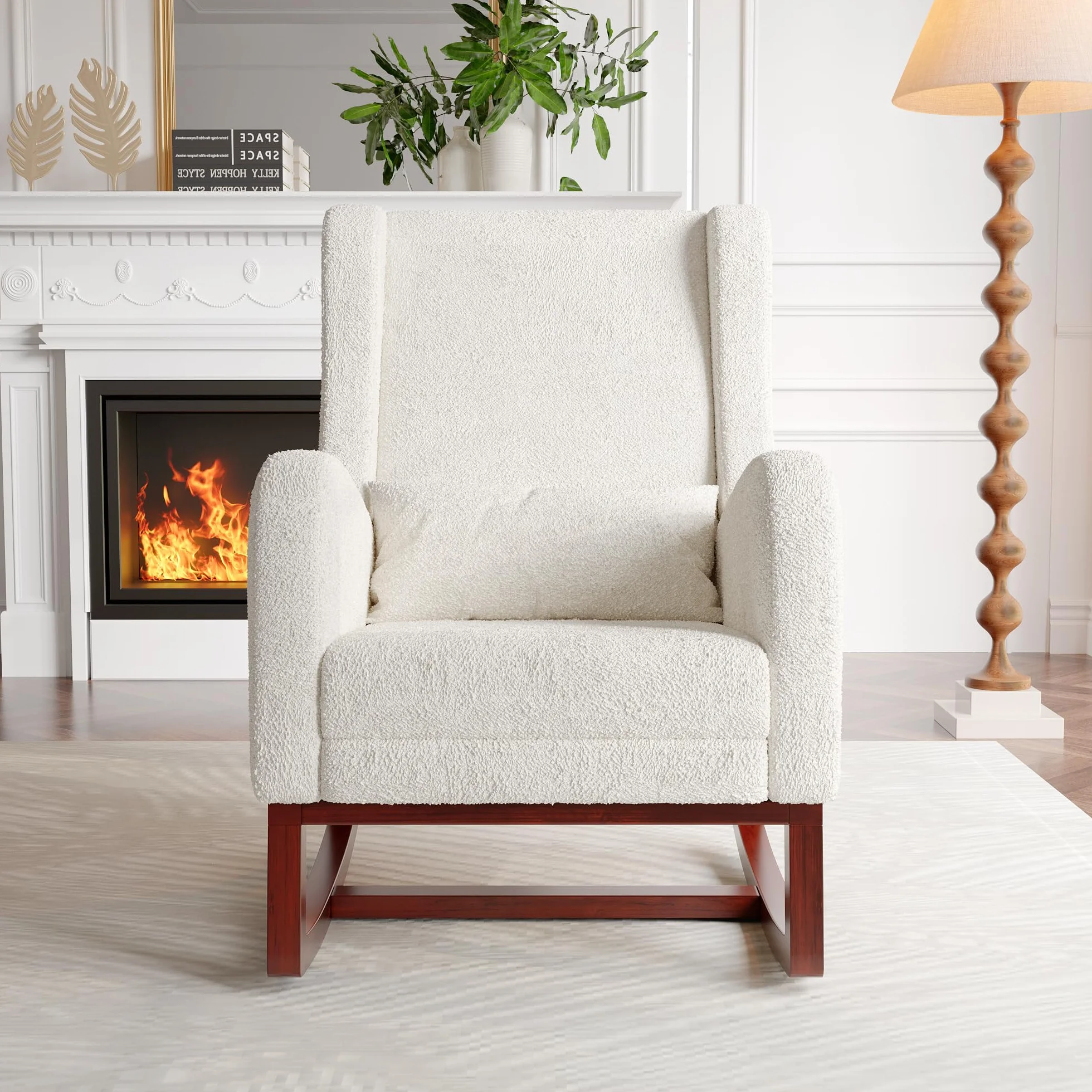Accent fotel bujany z podstawą z litego drewna, nowoczesny, wygodny fotel tapicerowany z poduszką pod plecy i zwiewnym podnóżkiem, sofa, bujany z boczną kieszenią, do domu (Sherpa Boucle,