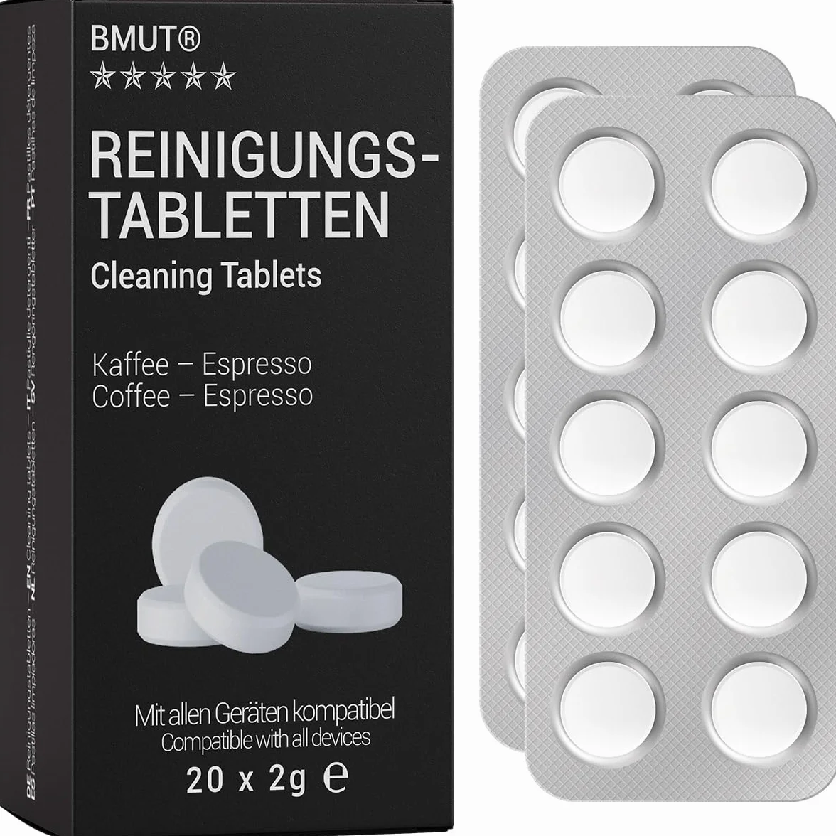BMUT 20 tabletek czyszczących do ekspresów do kawy | przeciw pozostałościom oleju kawowego | do Jura, Siemens, Delonghi, Krups itd.