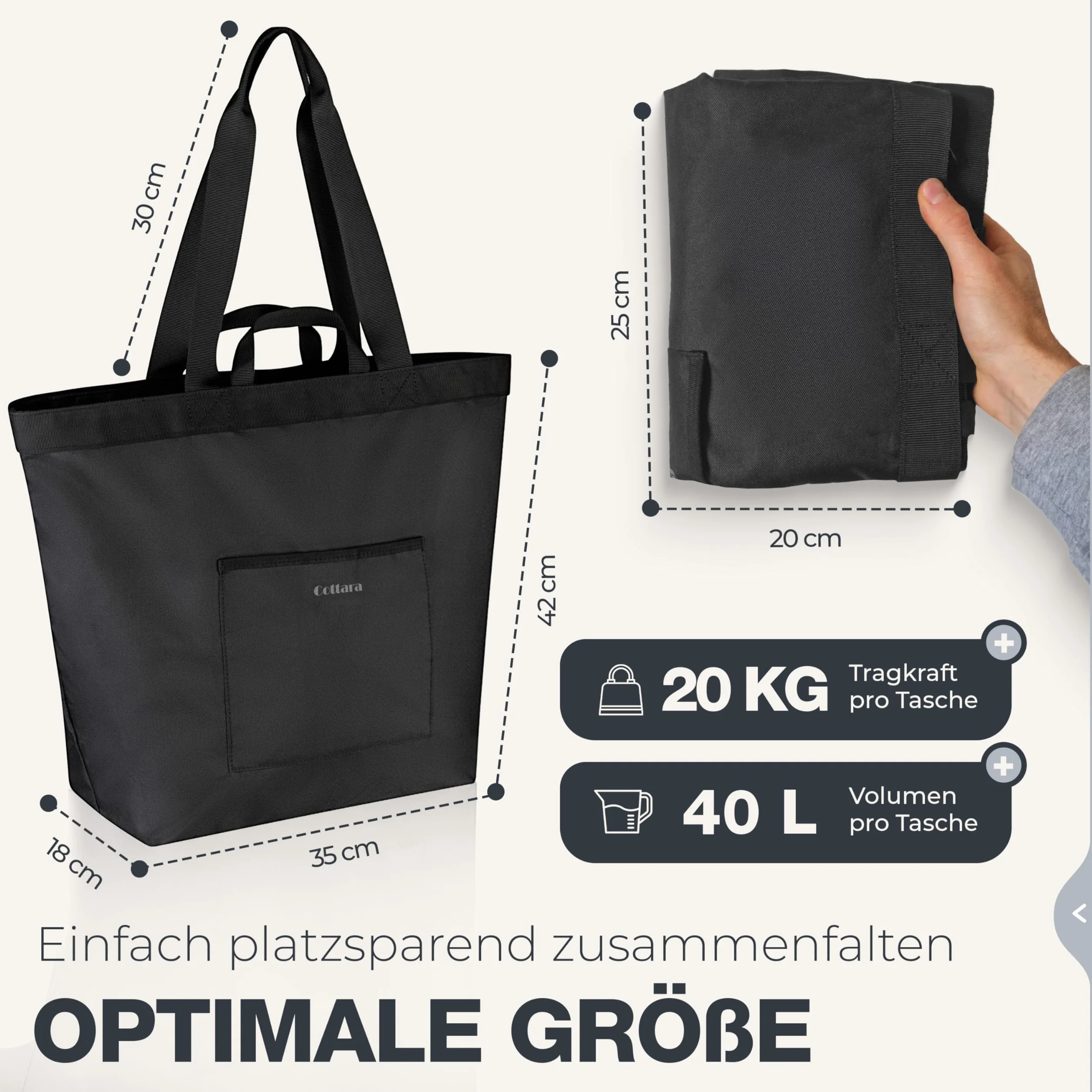 COTTARA® Torba na zakupy, składana, duża, z zamkiem błyskawicznym, wzmocnionym dnem i wodoodpornym materiałem, idealna jako torba rekreacyjna, torba na zakupy lub torba kąpielowa, czarna, 40 l