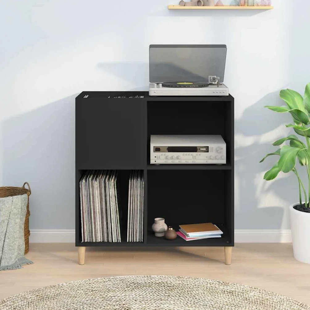 Czarna szafka panelowa, 84,5 x 38 x 89 cm, z materiału drewnopochodnego, uniwersalna szafka ze stabilną górną półką, na winyl, płyty LP, elektronikę, witrynę, salon, biuro, korytarz, duża