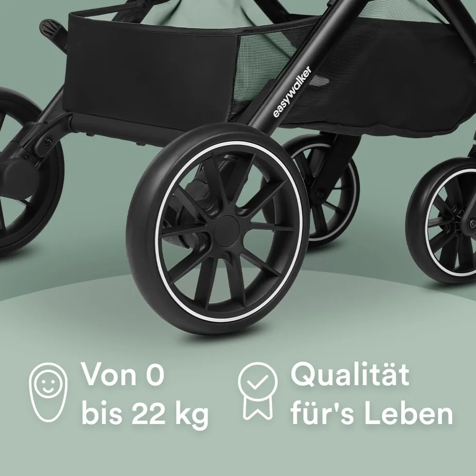 Easywalker Wózek dziecięcy Jackey² XL 0-22 kg, automatyczne składanie, przestronny wózek z kółkami XL, osłona przeciwsłoneczna i kosz na zakupy, kompatybilny z fotelikami samochodowymi, agawa zielona