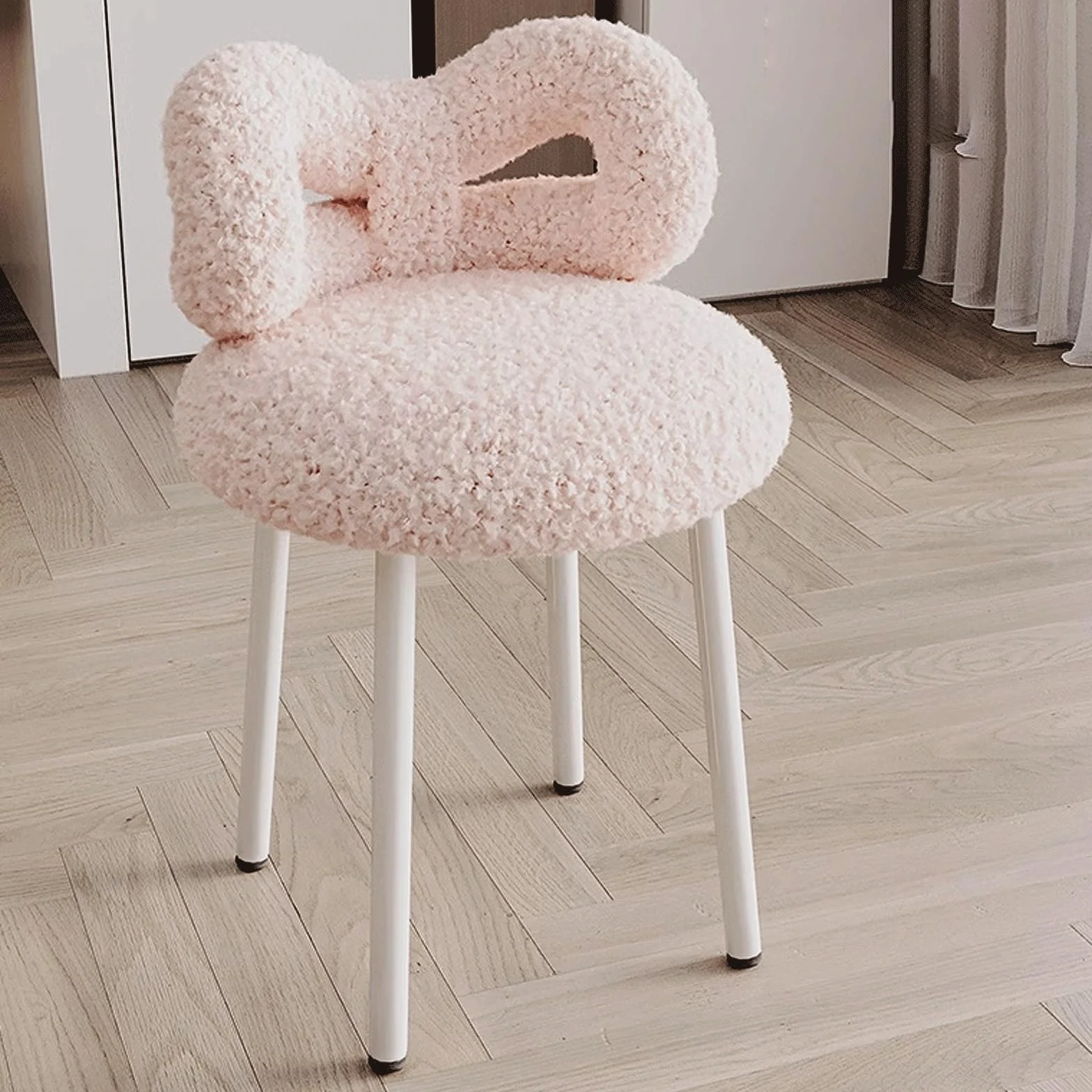 Modern Vanity Chair with Back Bow-tie Carbon Steel Lambswool 35x35x67cm Pink