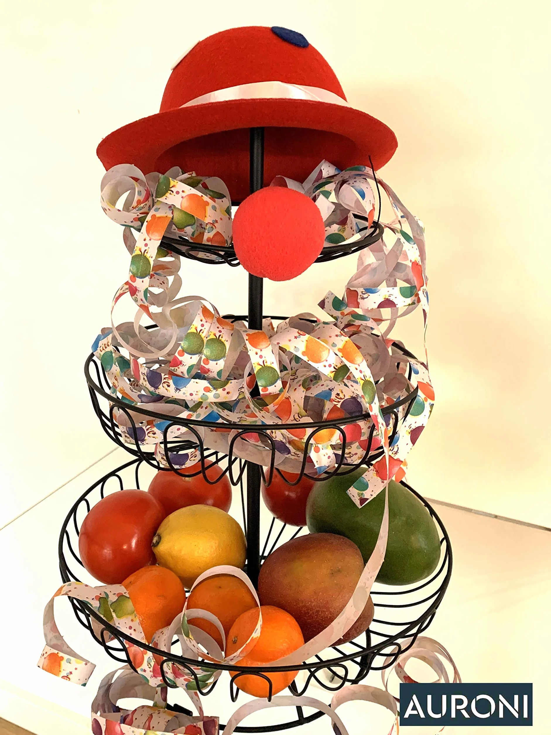 Filigranowa etażerka na owoce, 3-poziomowa, okrągła, średnica = 30 cm, wysokość 47 cm, kosz na owoce, miska na owoce, metalowa, czarno-matowa, dekoracyjna, zapewnia więcej miejsca na blacie