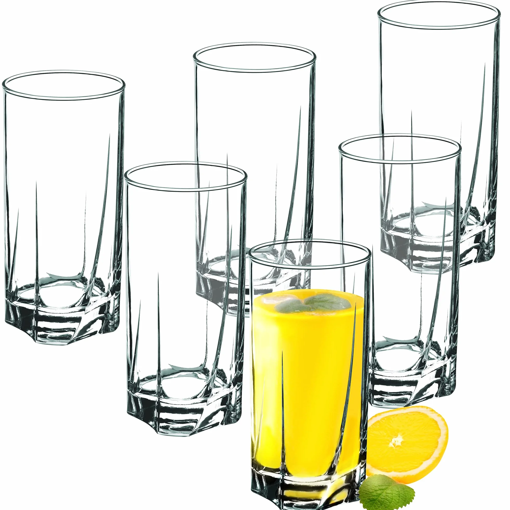 KADAX Zestaw 6 szt. Szklanki wysokie żłobione 380 ml do wody, soku i drinków oferują pewny chwyt dzięki żłobieniu, a grube ścianki zwiększają wytrzymałość.