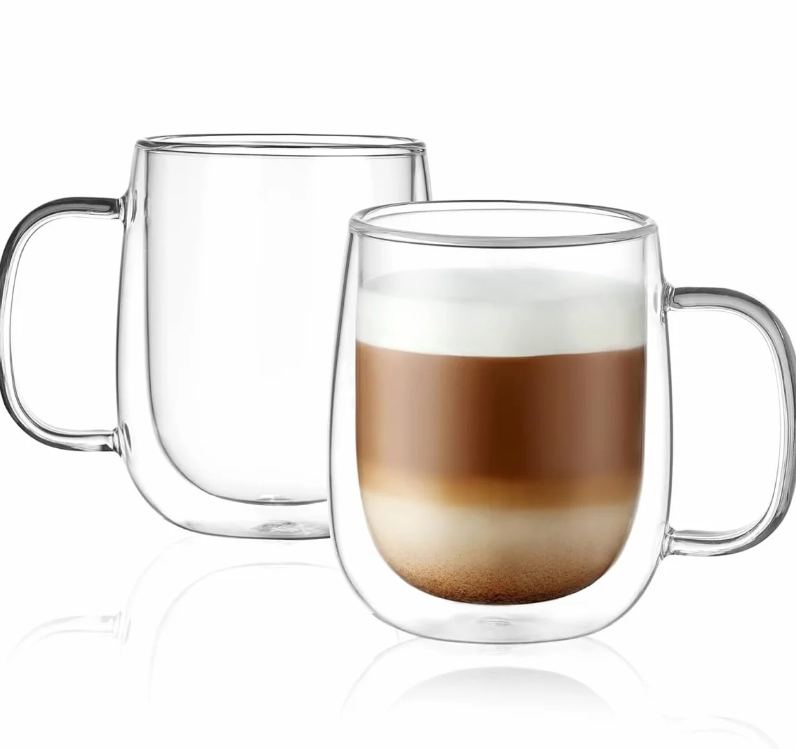 Szklane kubki do kawy z podwójnymi ściankami, zestaw dwóch filiżanek do herbaty, izolowane i niekondensacyjne, z uchwytem, przezroczyste szklane kubki do kawy latte, cappuccino, torebkę na