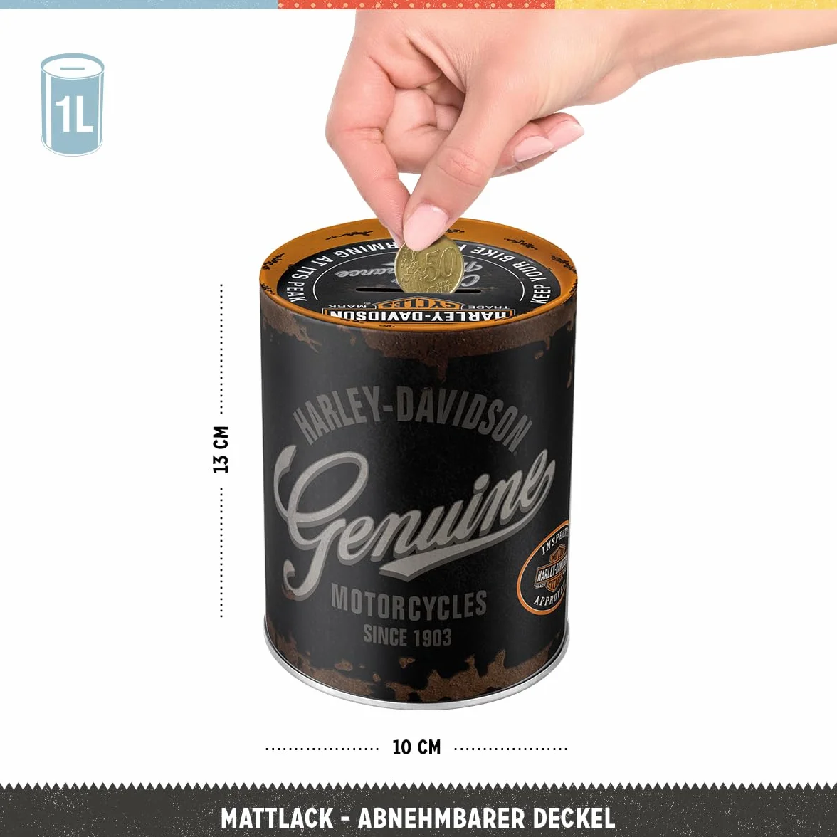 Nostalgic-Art Retro skarbonka, 1 l, Harley-Davidson – Genuine Logo – Pomysł na prezent dla motocyklistów, Official License Product (OLP), metalowa skarbonka, Styl vintage