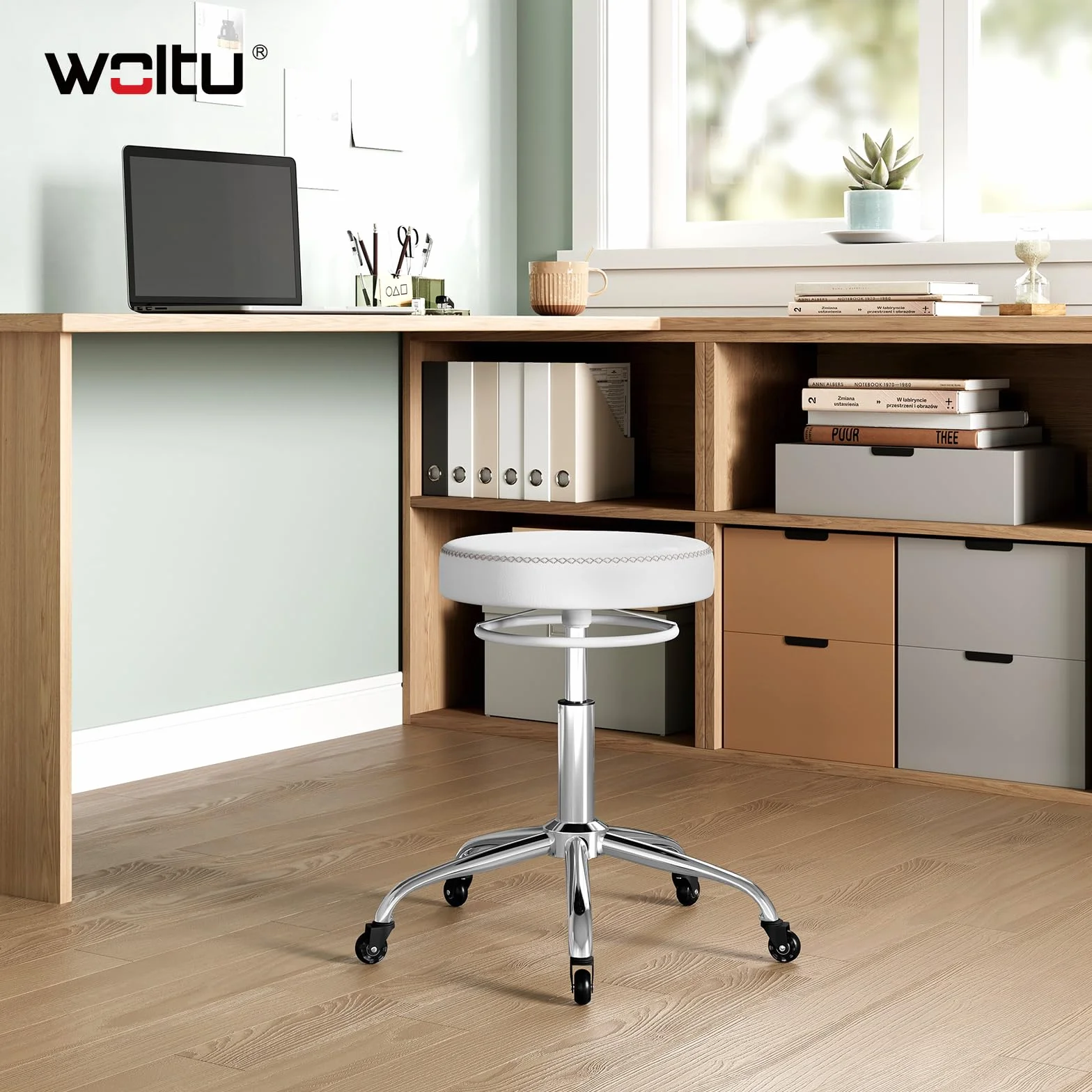 WOLTU Taboret na kółkach z regulacją wysokości, taboret biurowy obrotowy o 360°, taboret obrotowy na kółkach, okrągły taboret roboczy do biura, salonu i spa, sztuczna skóra, biały