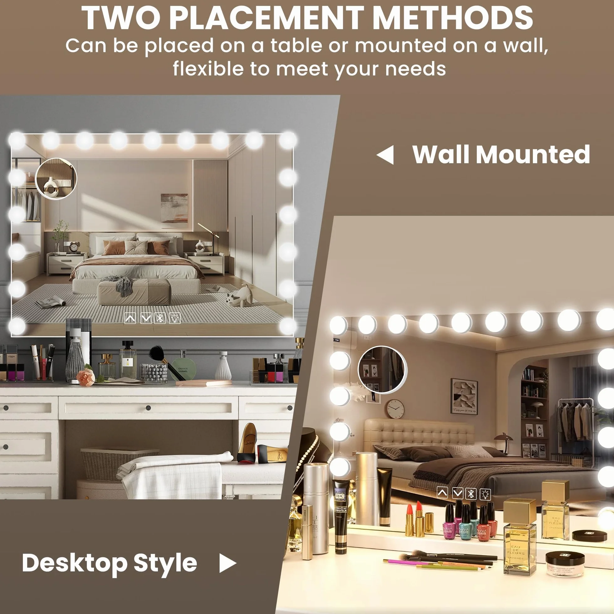 Lustro Hollywood 80 x 60 cm Z Bluetooth Z 19 lampkami LED, lustro do makijażu z wyjściem USB i 5-krotnym powiększeniem, lustro kosmetyczne Bluetooth, 3 temperatury barw światła, ekran dotykowy