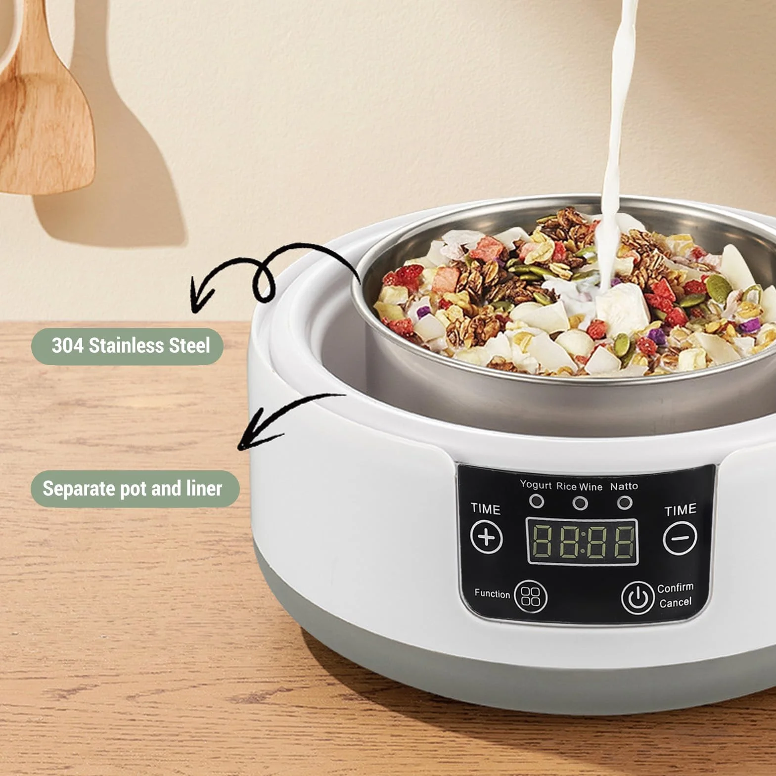 Elektryczna maszyna do robienia jogurtu, 1,2 l domowy jogurt Natto Maker, domowy inkubator do jogurtu ze szklanym słoikiem i wkładką ze stali nierdzewnej, do domowego (Wtyczka UE