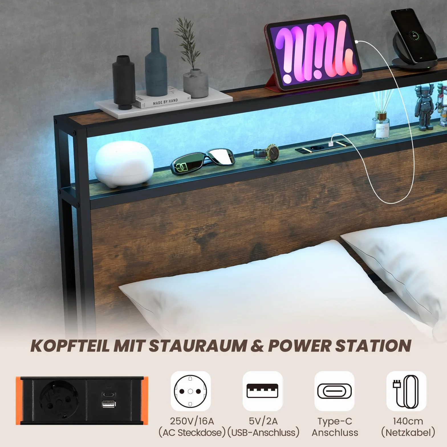 COSTWAY Łóżko z oświetleniem LED, stacją ładującą i 4 szufladami, łóżko z miejscem do przechowywania z zagłówkiem i stelażem, łóżko metalowe, z przemysłową ramą, dwuosobowe: 200 x 140 cm