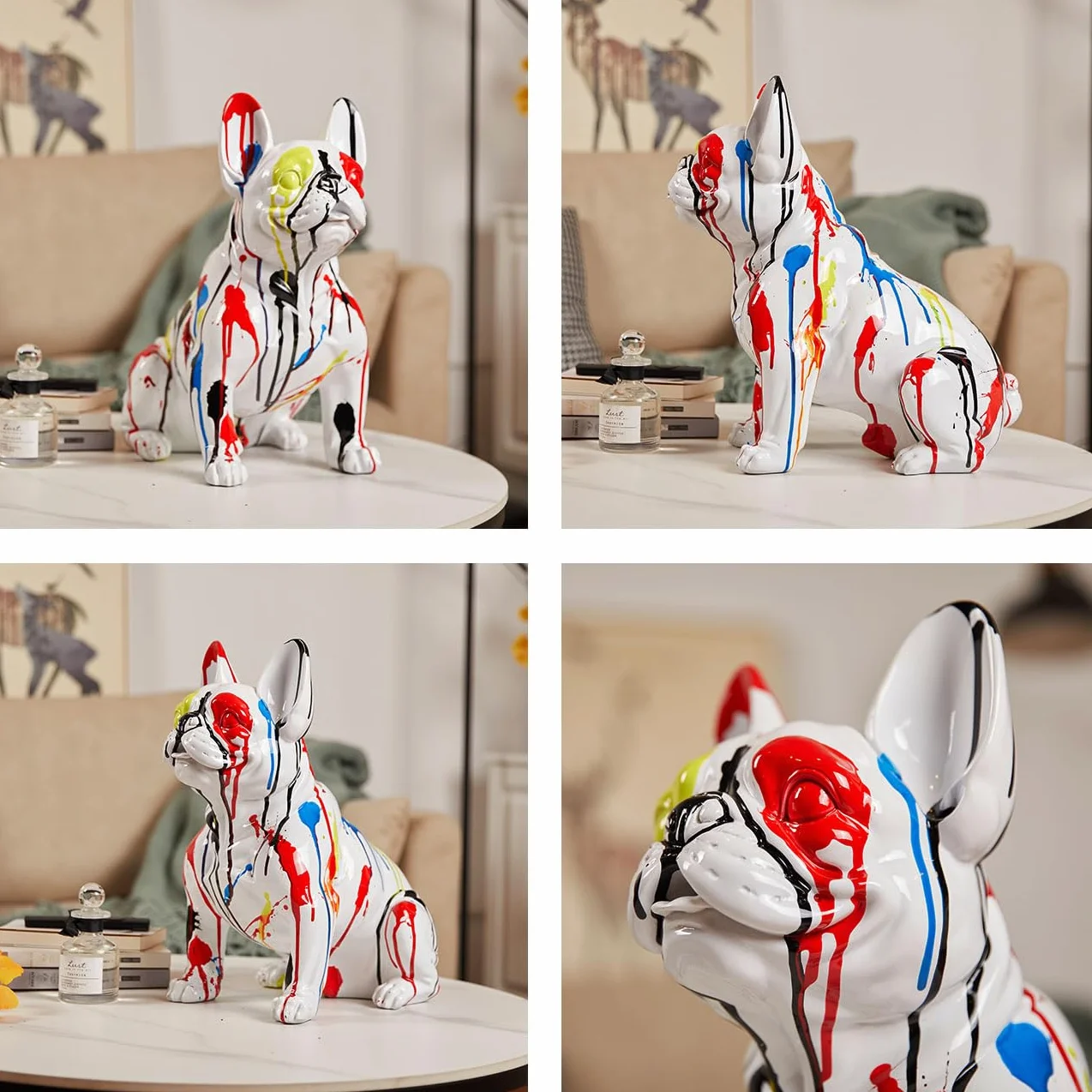 Figurki buldoga, nowoczesna rzeźba, dekoracja, zwierzęta, prezent, do salonu, sztuka, żywica poliestrowa, ornament, 31 cm