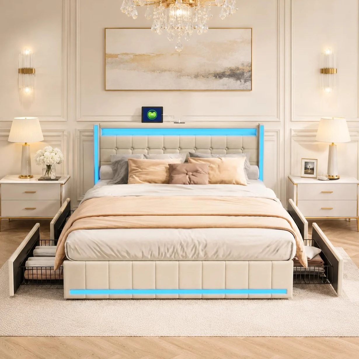 BRILVERDE Łóżko tapicerowane, podwójne 140 x 190 cm z miejscem do przechowywania, łóżko z 4 szufladami, zagłówek LED, z funkcją ładowania USB, lniane (beżowe, 140 x 190 cm)