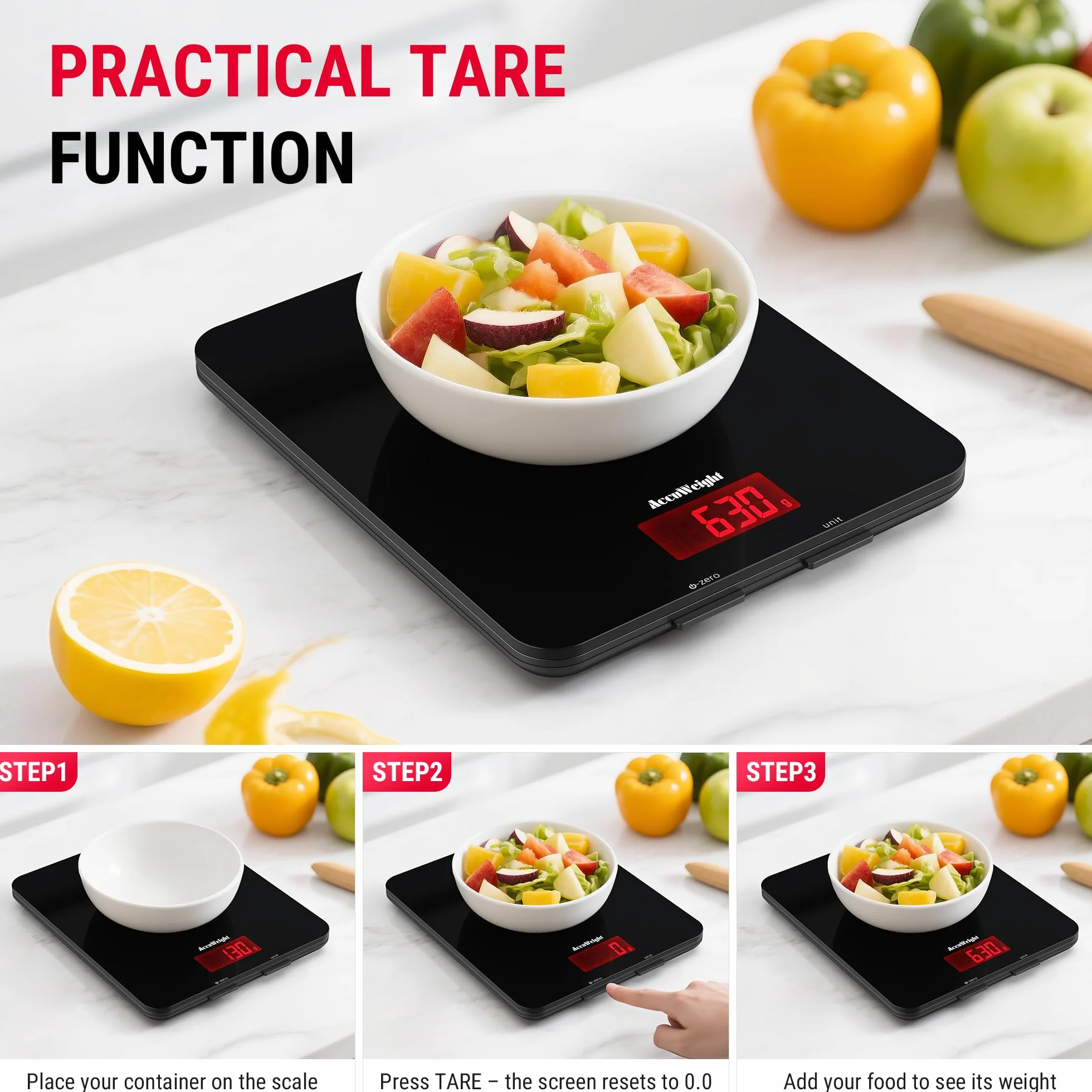 ACCUWEIGHT cyfrowa waga kuchenna ze szkła hartowanego, z wyświetlaczem LCD i dużą powierzchnią ważenia maks. 5 kg, dokładność 1 g, kolor czarny, funkcja tarowania