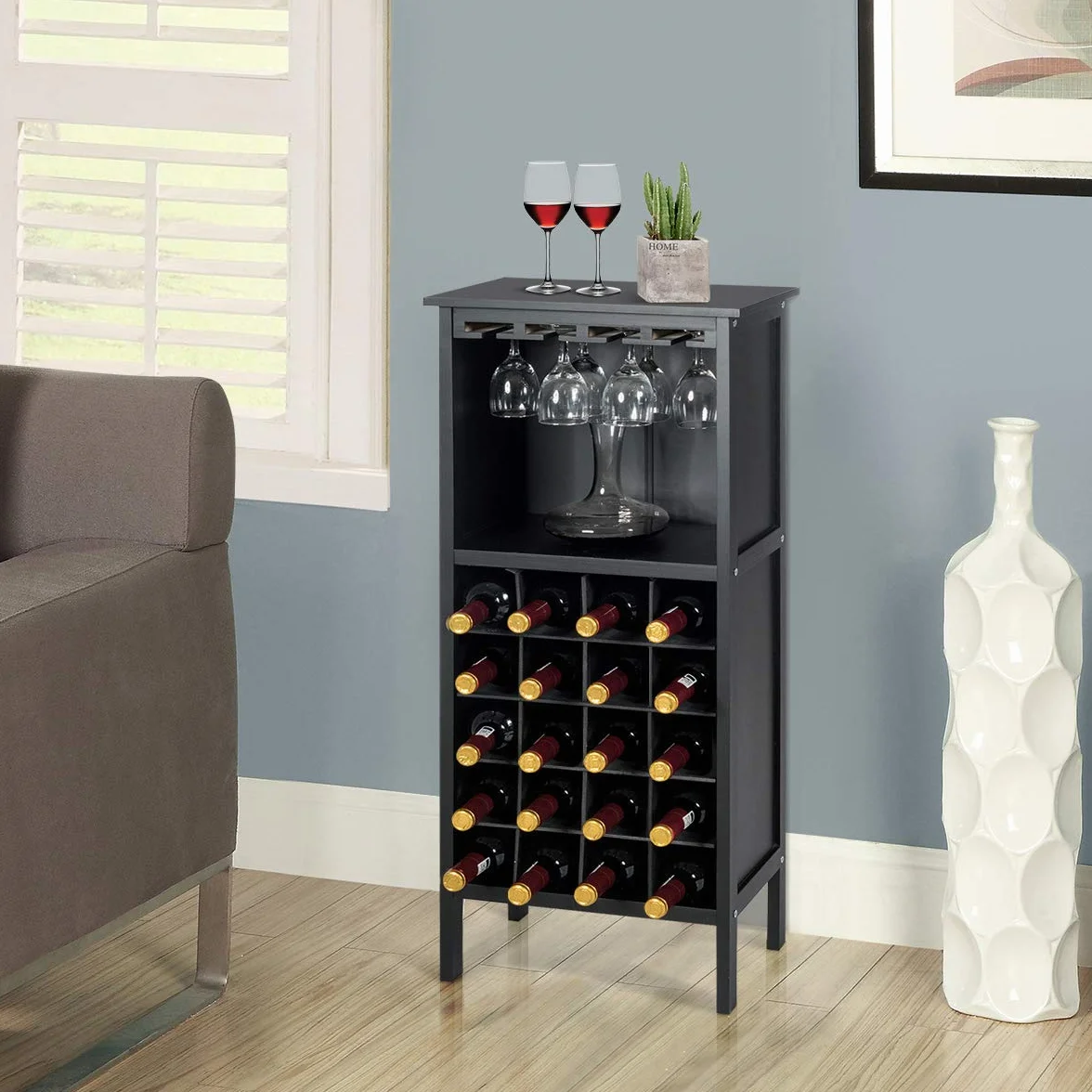 COSTWAY Szafka na wino na 20 butelek, drewniany regał na wino z uchwytem na szkło, regał na butelki, stojak na wino do kuchni, baru, 42 x 24,5 x 96 cm (czarny)