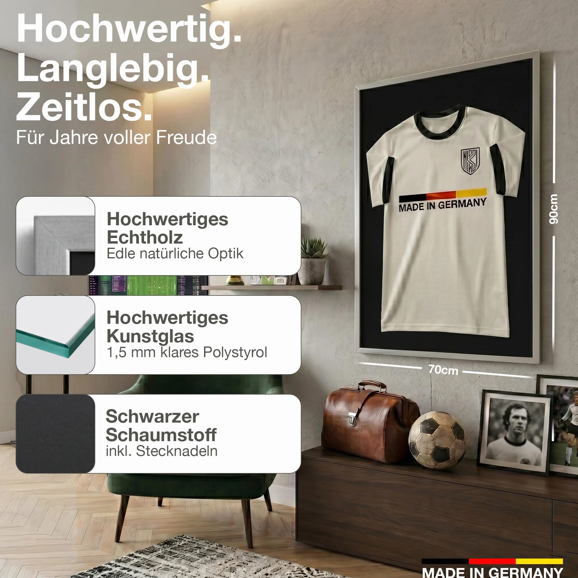Ramka na koszulkę z litego drewna Srebrna 70x90 cm - Made in Germany - Witryna na koszulkę z czarnym tłem i szeroką ramą - Głęboka ramka na zdjęcia - Duża ramka do wypełniania