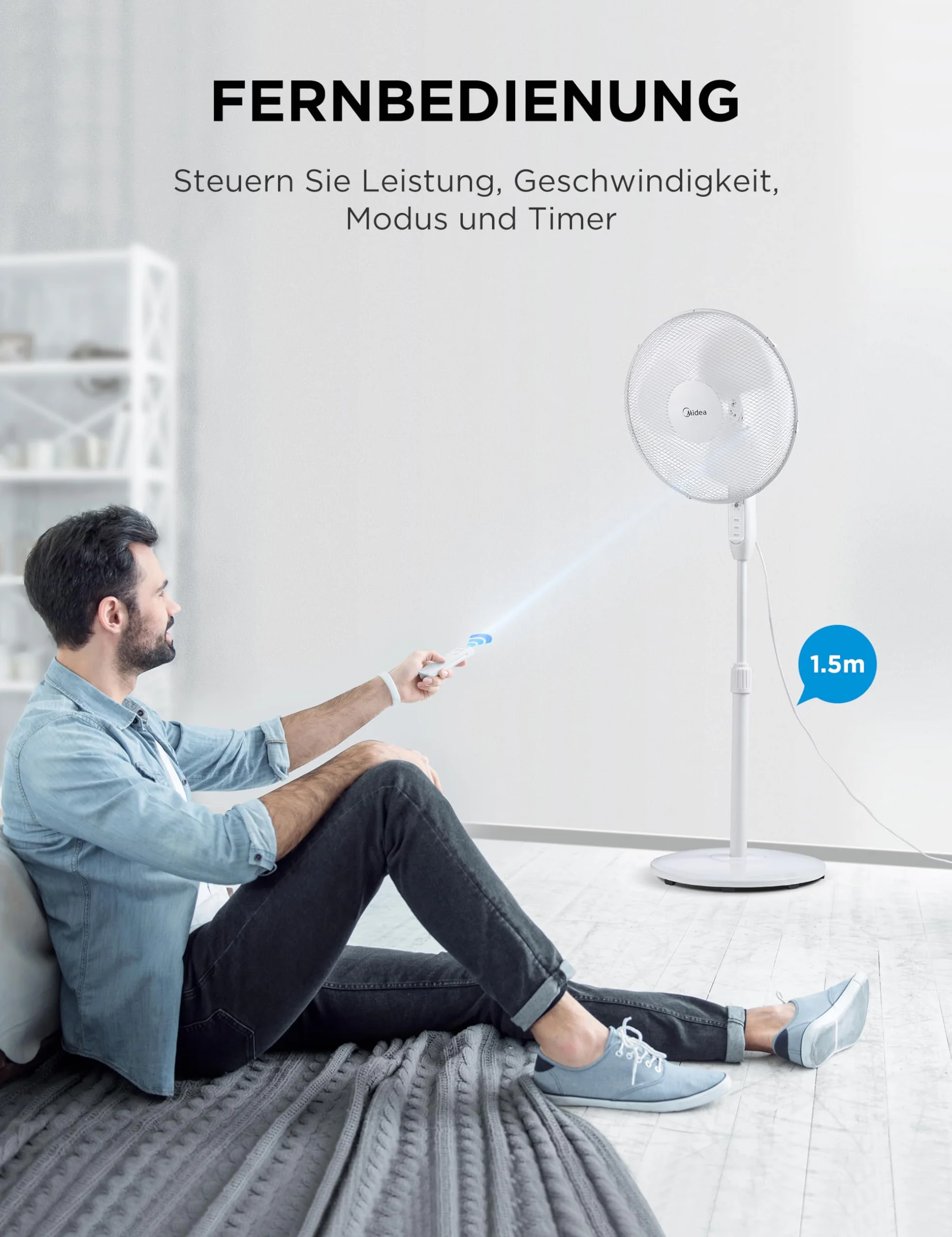 Midea MFS400M0APW0 wentylator podłogowy 40W Regulowana Wysokość Cichy Wentylator Z Pilotem 3 Poziom Prędkości, Oscylacja 85°,Regulowana wysokość od 1,1 do 1,3 metra,Biały
