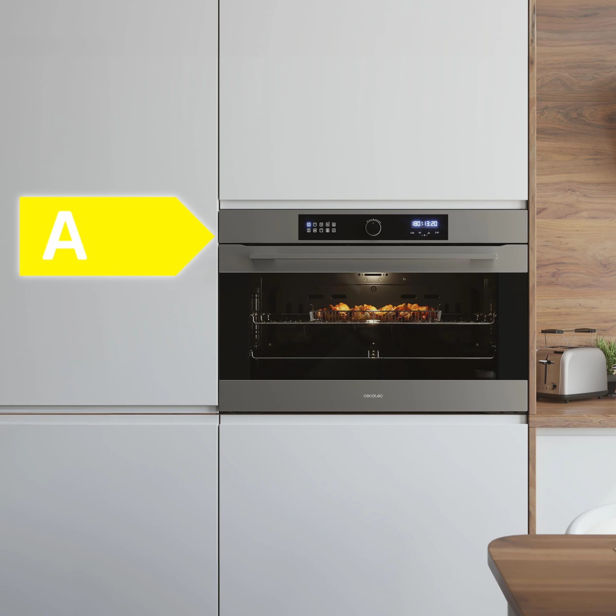 Cecotec Wielofunkcyjny piekarnik Bolero Hexa AF319000 Inox A 3800 W, pojemność 133 l, 11 funkcji z Airfryer Master, Mistrz pizzy, Steam Asisst, Steam EasyClean, 3D Cooking, Defrost