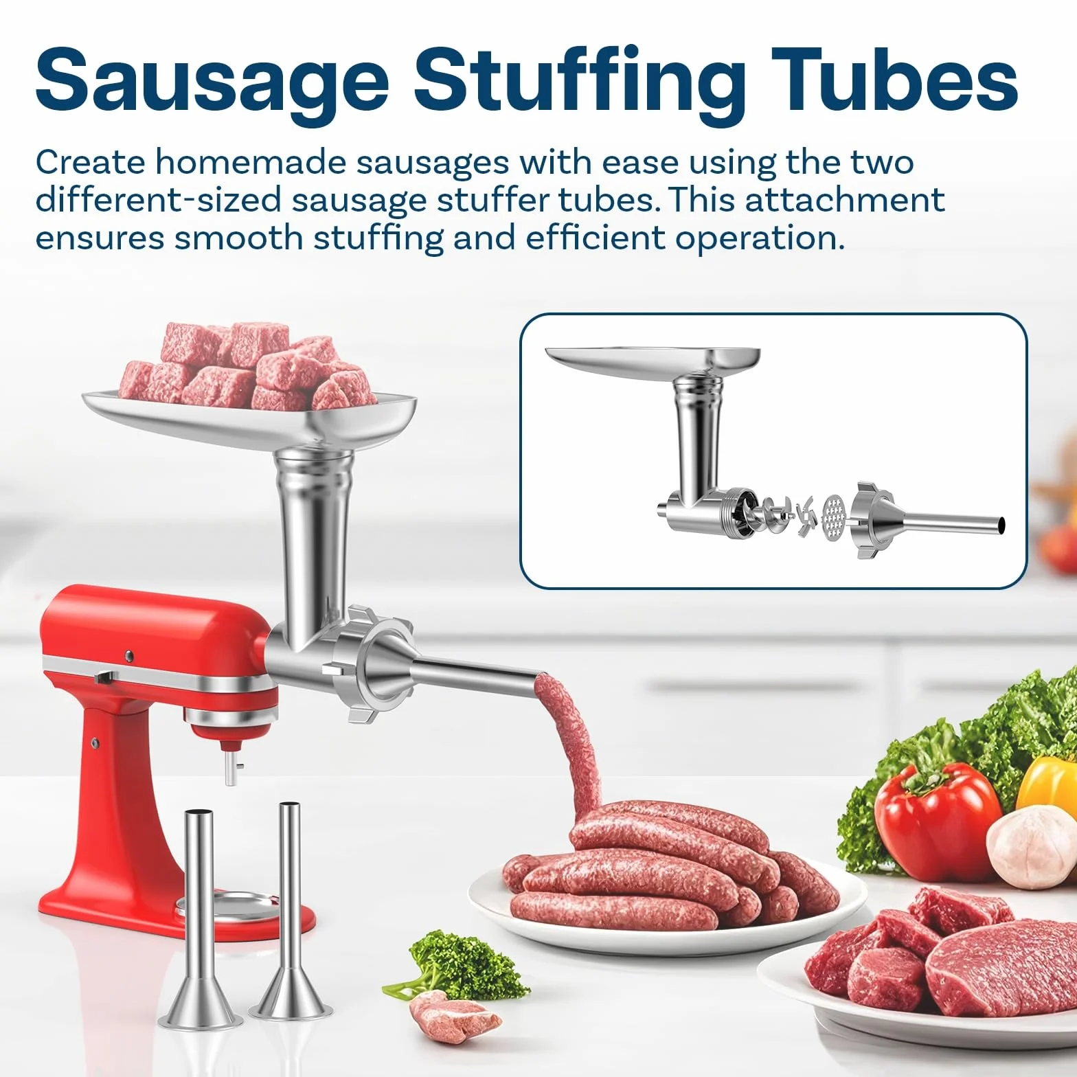 Młynek do Mięsa Mocująca do KitchenAid Miksera Stojącego - Przystawka do Maszynki do Mielenia Zywności z 4 Płytami Mielącymi, 2 Rurki do Nadziewania Kiełbasy, 2 Ostrzami Mielącymi firmy MMOBIEL