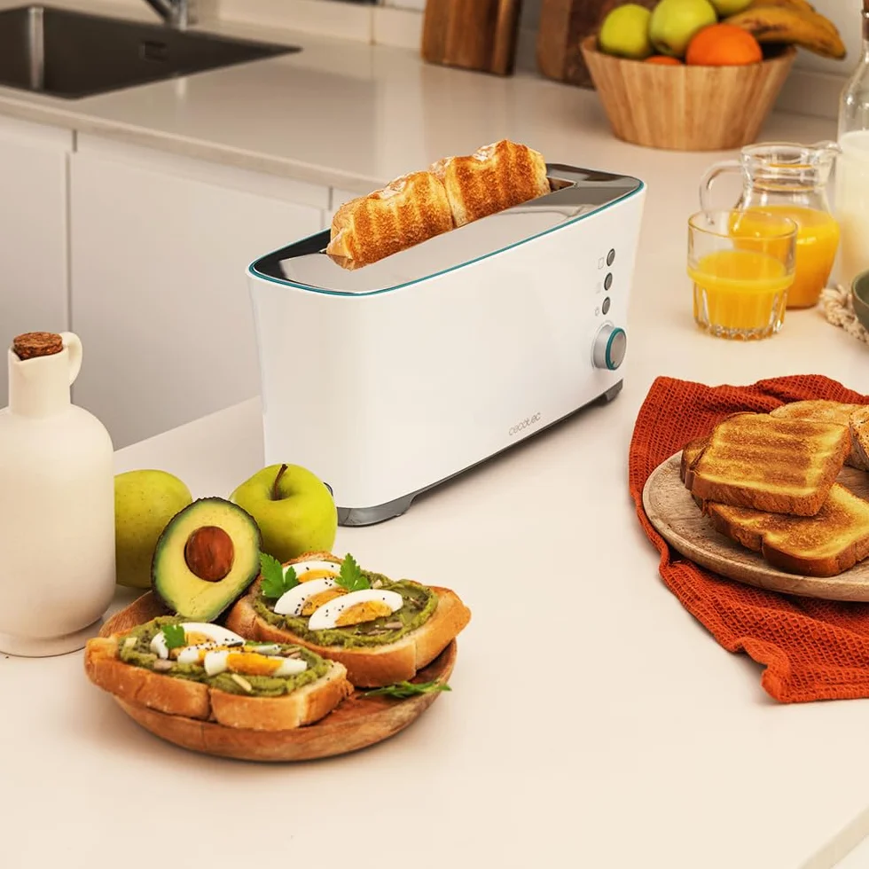 Cecotec Toster Toast&Taste Extra W,1000W mocy, Podwójne gniazdo XL dla grubych chlebów, System samocentrujący, 7 pozycji prażenia, Automatyczny wyrzut, Zbieranie okruchów