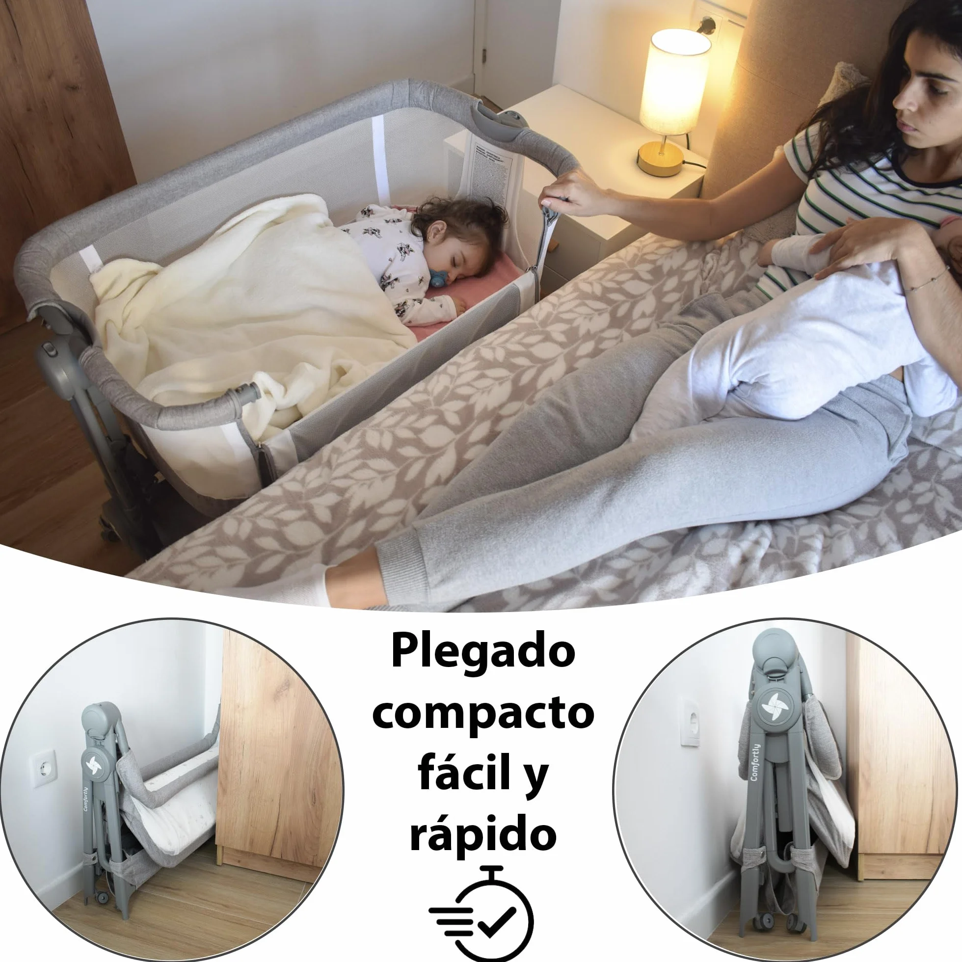 Twinly Comfortly 2 w 1 łóżeczko dziecięce i łóżeczko dziecięce z kółkami, składane mini łóżeczko podróżne, bez mocowania, regulowana wysokość i funkcja przeciwodblaskowa, w zestawie materac