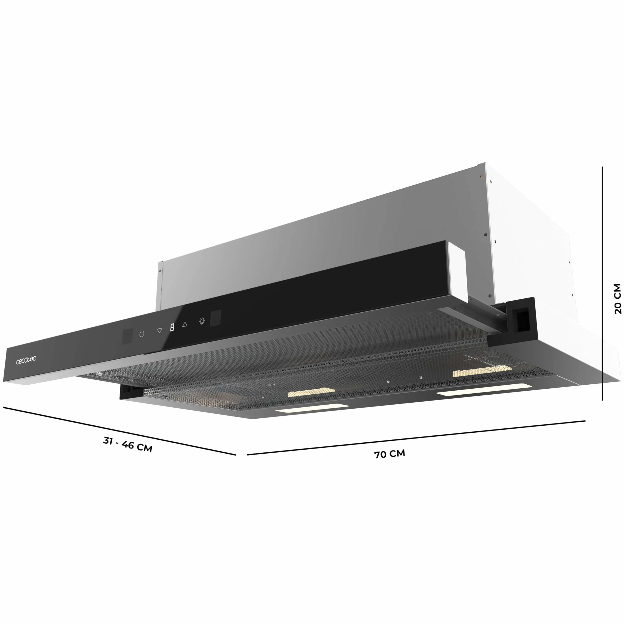 Cecotec Okap teleskopowy 70 cm Bolero Flux TLT 704400 Glass Black A+++. Ssanie 431,2 m³/h, niskie zużycie prądu, silnik DC, kontrola ruchu i dotyk, szkło przednie czarny, korpus ze stali nierdzewnej
