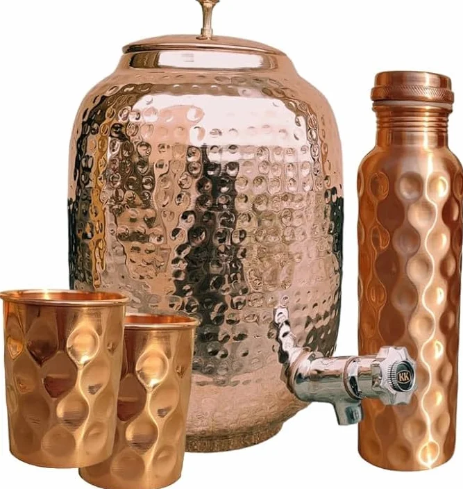 FK-DISPENSER-DG-4L Handmaded Copper Dozownik Garnek Matka z kranem 2 Diamentowe Szklanki Kubek i Zestaw 4 Litry