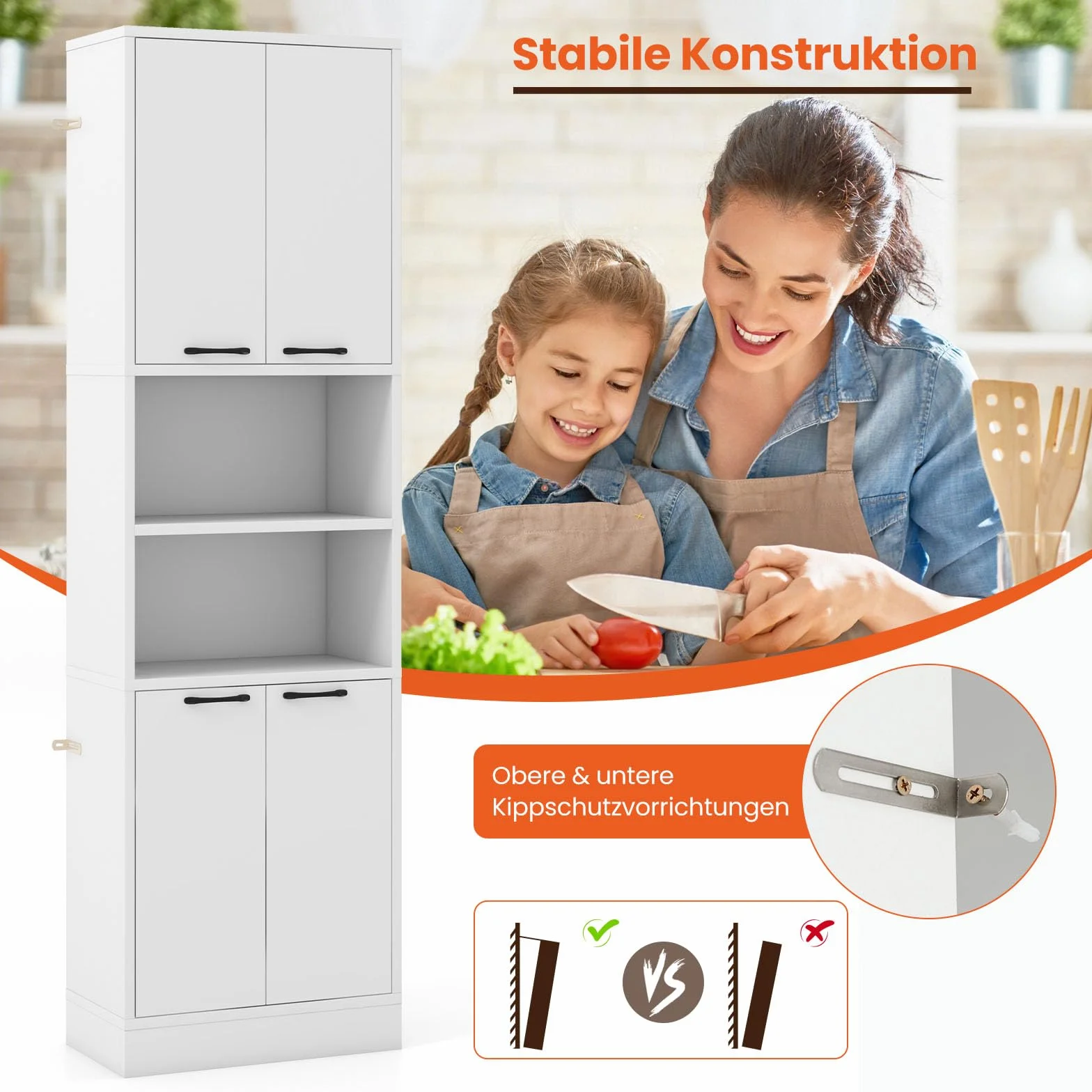 COSTWAY Szafka kuchenna o wysokości 190 cm, wysoka szafka z drzwiami, półkami, zawiasami bezpieczeństwa i zabezpieczeniem przed przewróceniem, wolnostojąca, uniwersalna szafka do jadalni, salonu