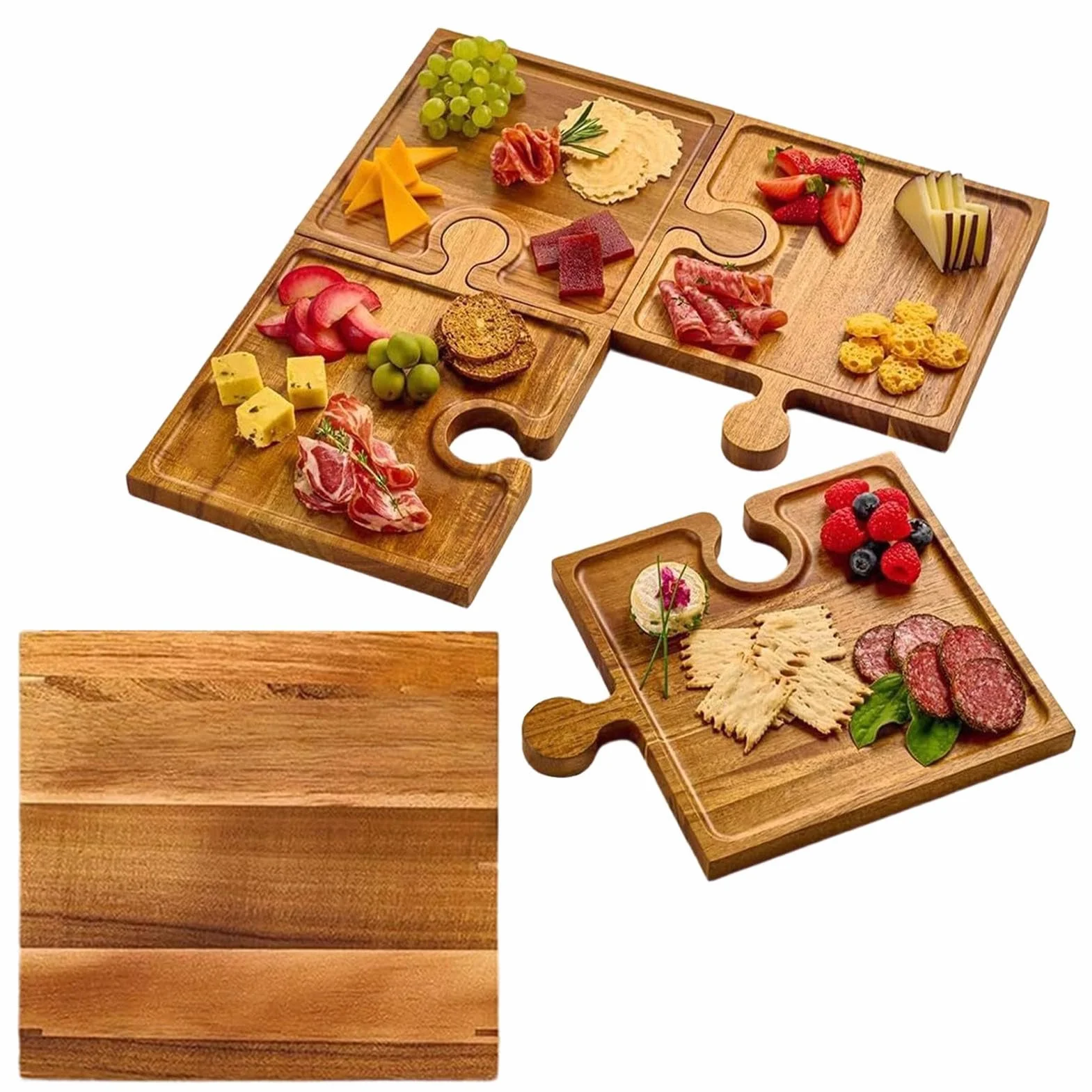 Tace do serwowania na imprezę, nowoczesne drewniane puzzle, duża deska do wędlin, przekąska z serem owocowym, talerz deserowy na ciasto, prezentacja kuchni domowej, zabawny zestaw tacek na mięso