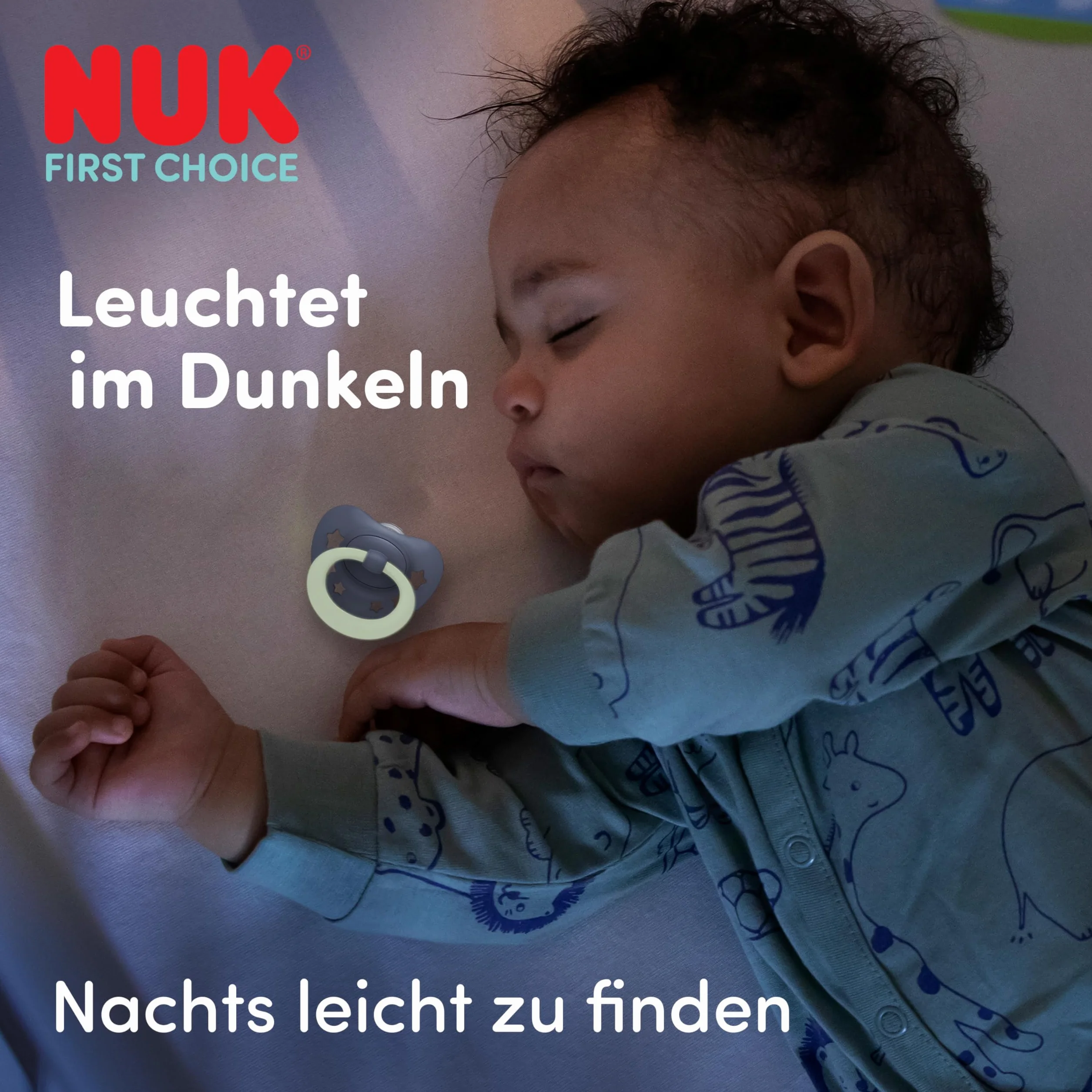 NUK First Choice Classic Night Smoczki dla niemowląt | 0-6 miesięcy | Ortodontyczne smoczki świecące w ciemności | 95% akceptacji przez niemowlęta** | Niebieskie | 2 sztuki