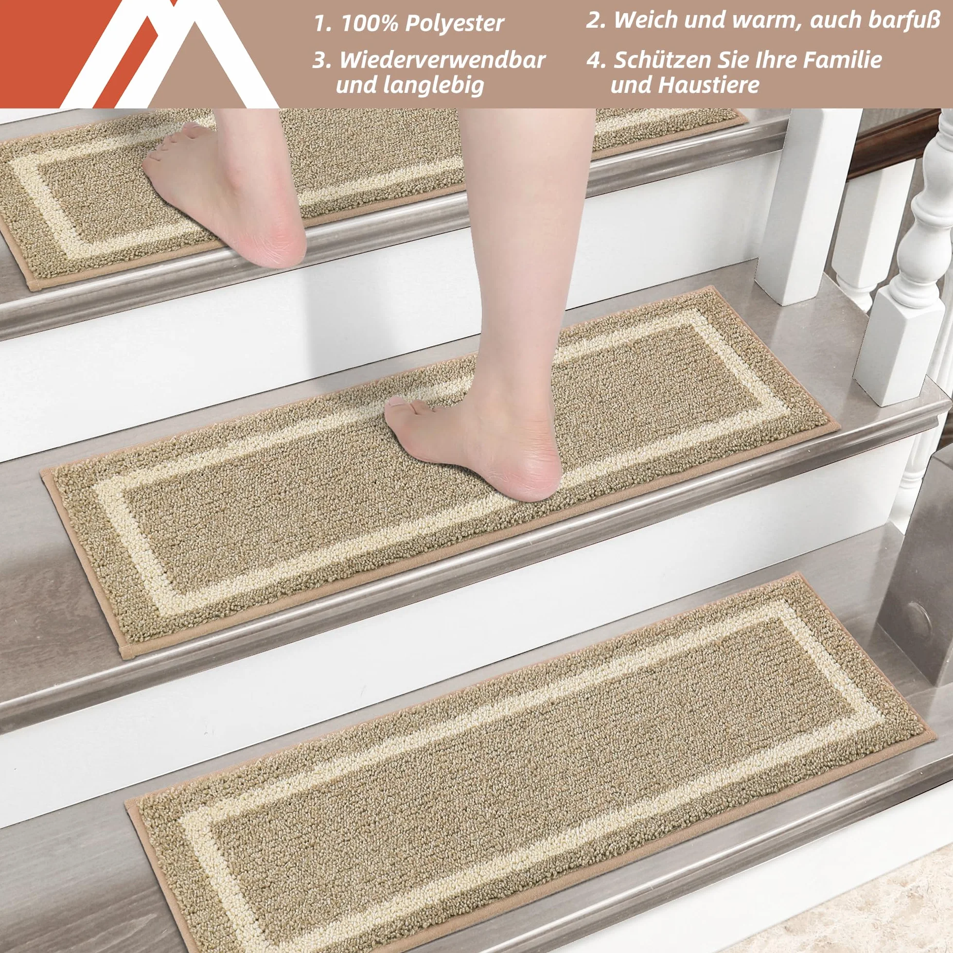 COSY HOMEER Maty na schody 70 x 22 cm (15 sztuk), maty na schody do wewnątrz, samoprzylepne, antypoślizgowe, maty na schody, można prać w pralce, 100% poliester, spód z TPE, beżowe