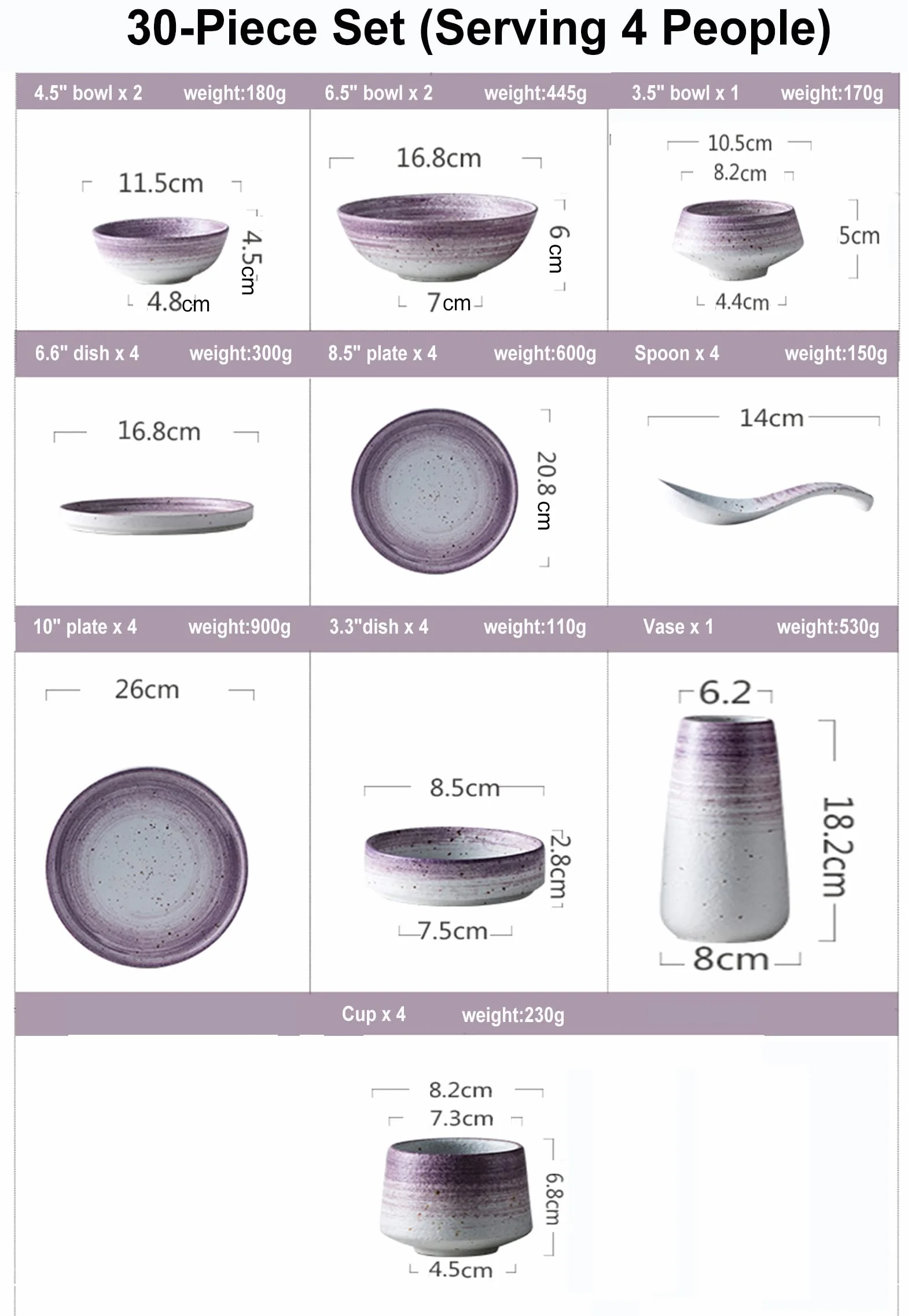 30-częściowy porcelanowy serwis obiadowy, zestaw naczyń dla 4 osób, nowoczesny kompletny zestaw obiadowy z talerzem płaskim, blatem deserowym, miską i kubkiem, zmywarką