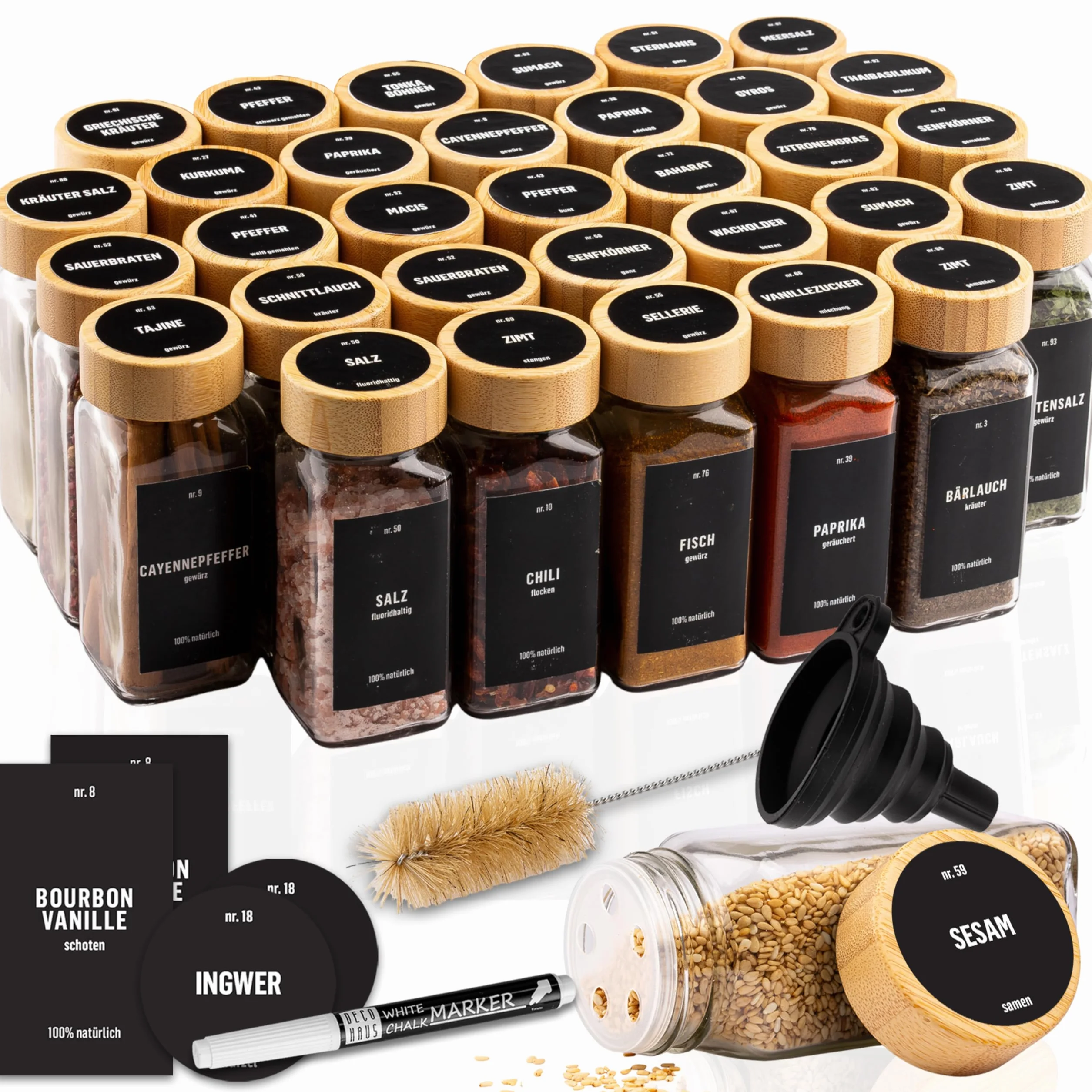 Deco haus® Słoiczki na Przyprawy z Nakrętką - Zestaw 36 sztuk - Różne Nasadki do Wytrząsarek, Lejek, Pędzelek, Etykiety i Kreda - Idealne do Naszych 4 Stojaków na Przyprawy - 120 ml, 10,8 x 4,5 cm