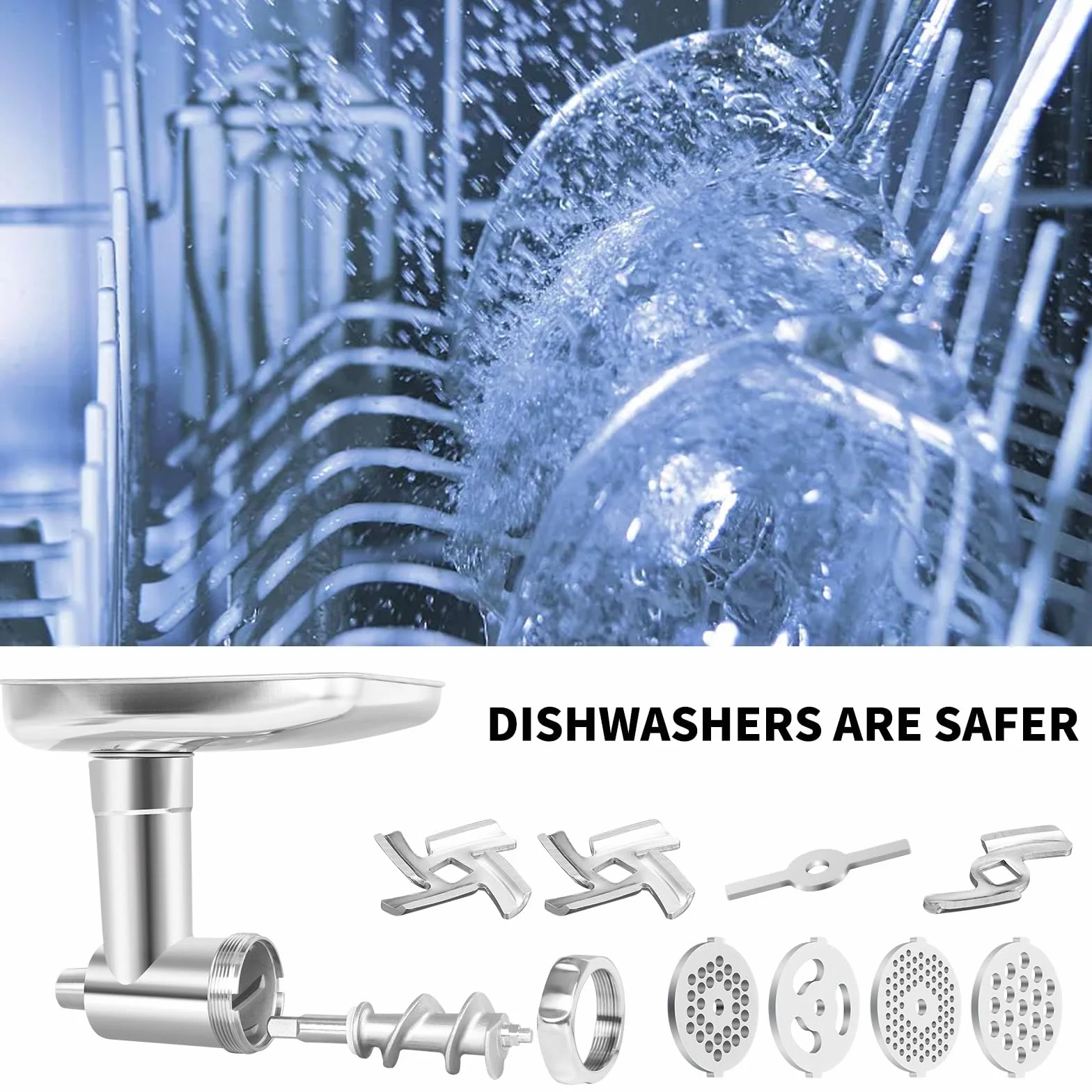 Metalowy młynek do żywności ze stali nierdzewnej, kompatybilny z mikserami stojącymi KitchenAid, zawiera 3 rurki do nadziewania kiełbasy, nadaje się do mycia w zmywarce