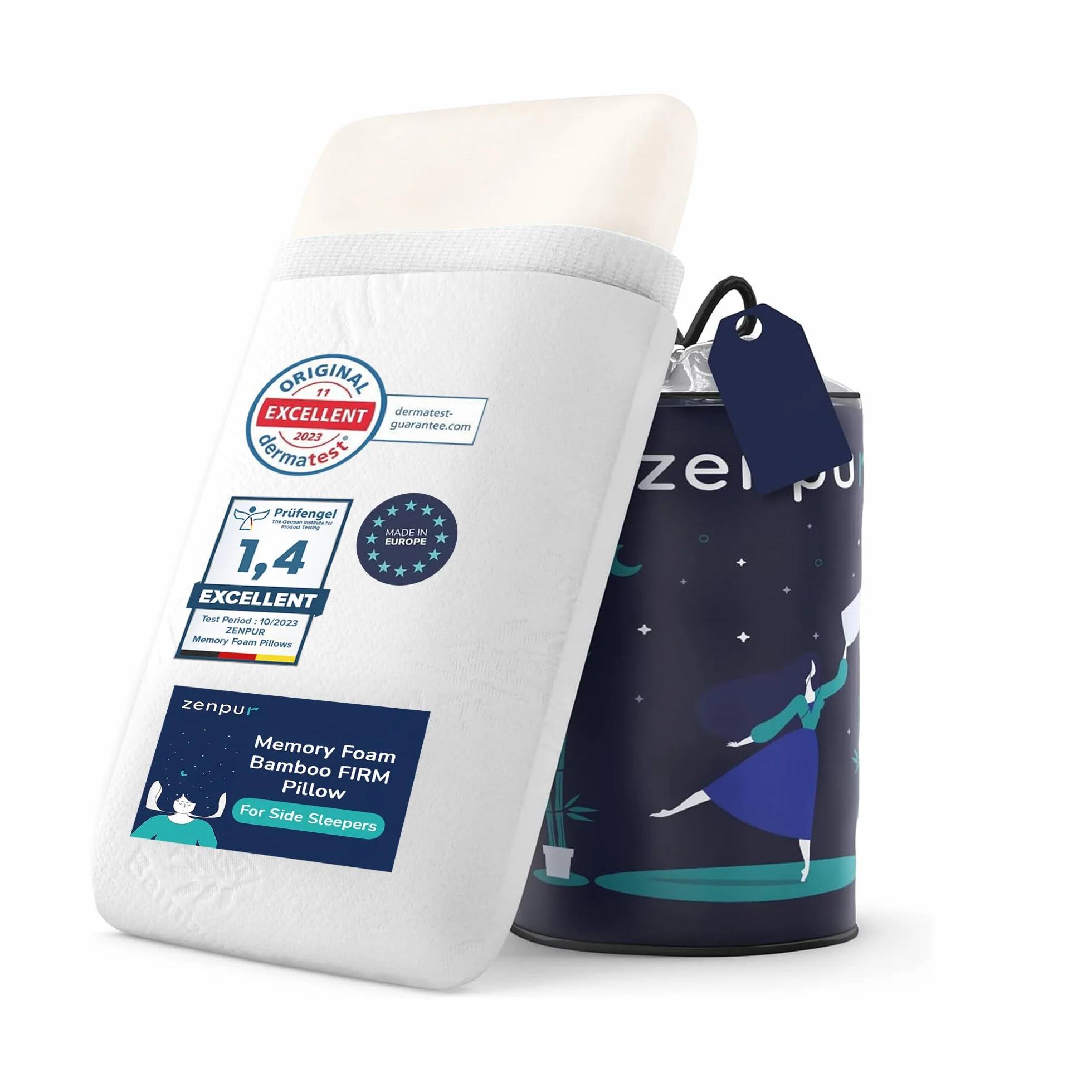 ZenPur Oreillers Ergonomique Cervical, Lot de 2 Coussins Mémoire Forme, Douleurs pour la Nuque, Anti Acarien & Ronflement, Housse Bambou, Fabriqué EU – Souple, Idéal pour Dormeurs Ventre