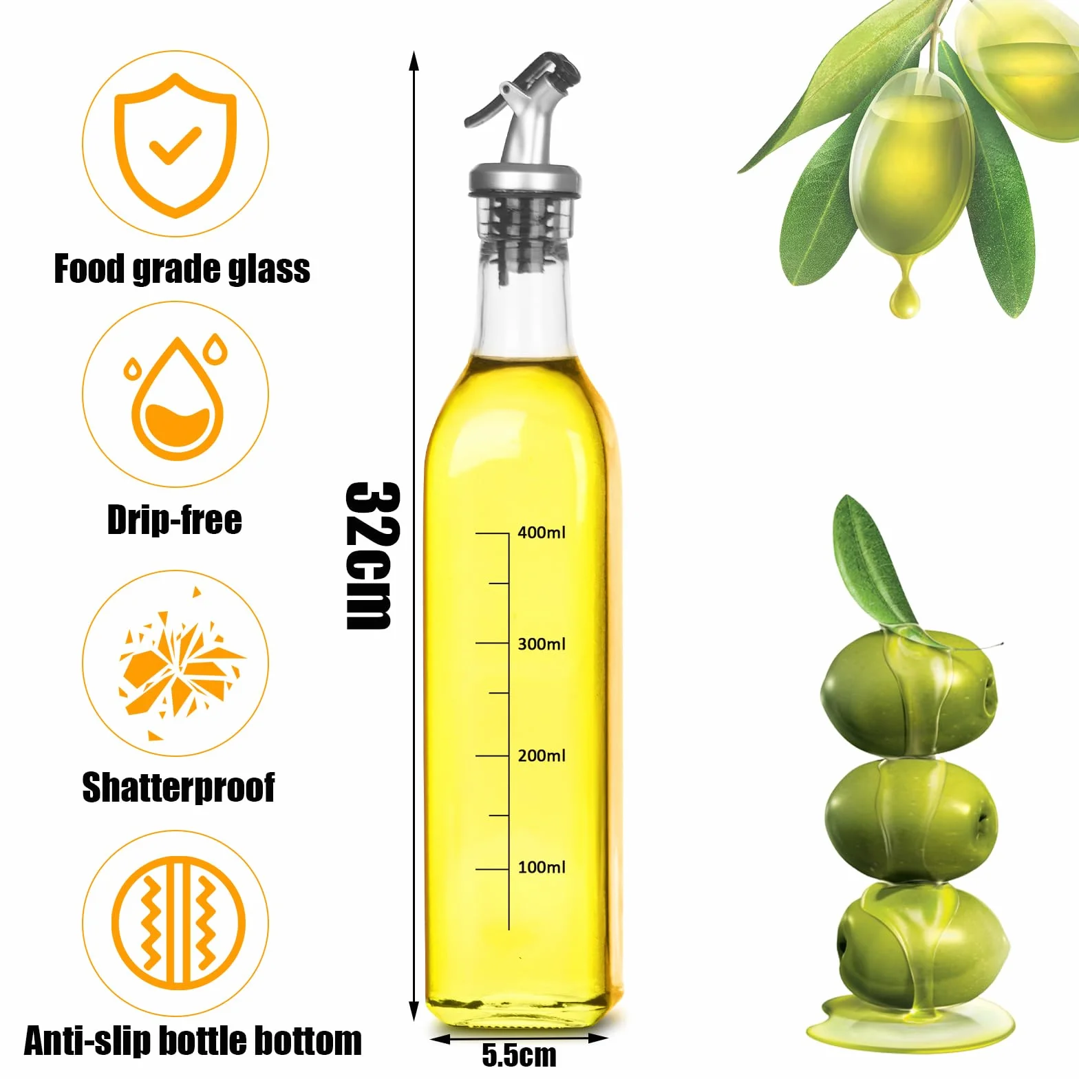 Szklana butelka z dozownikiem oliwy z oliwek, 2 x 500 ml, łatwe nalewanie, szczelna, z szerokim otworem i wyjmowanym filtrem butelka na olej - zapasowe wylewki
