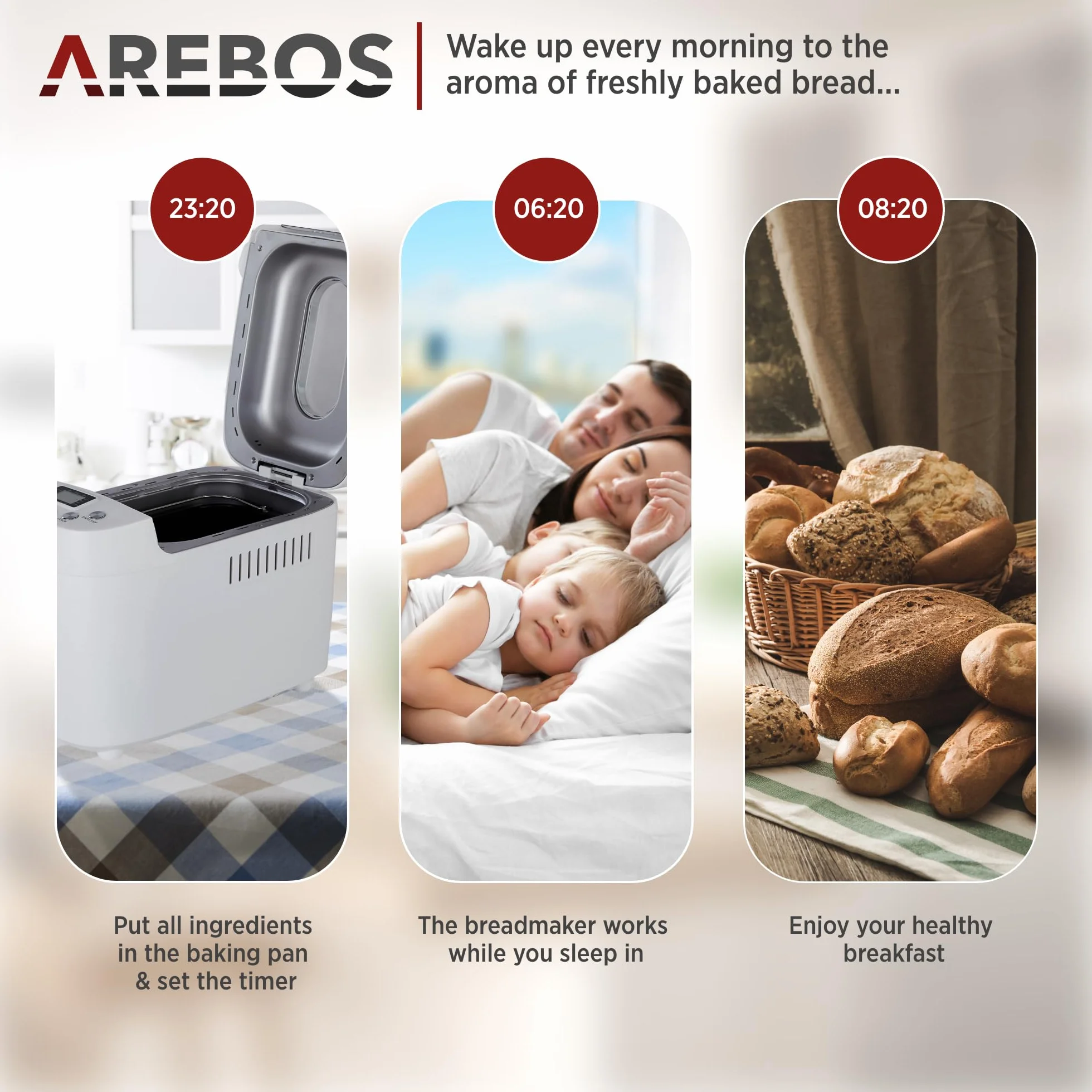 Arebos Wypiekacz do chleba 1500g 850W 15 programów LCD Biały