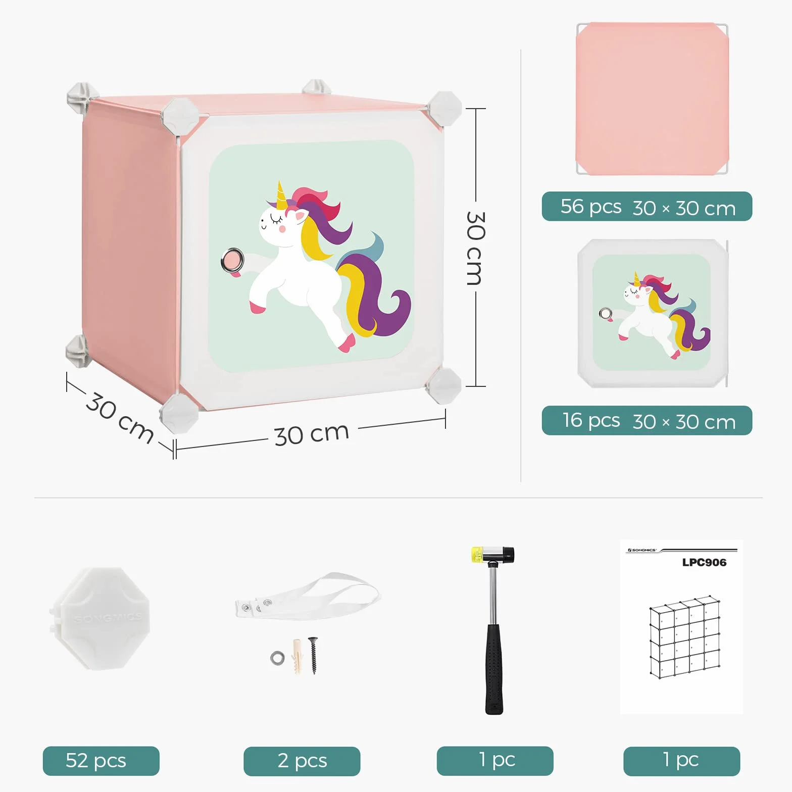 SONGMICS LPC906P01 System regałowy z 16 kostkami, szafa do przechowywania dla dzieci, szafa na ubrania i buty z drzwiami, z tworzywa sztucznego, regał wtykowy, uniwersalny, 123 x 31 x 123 cm, różowy